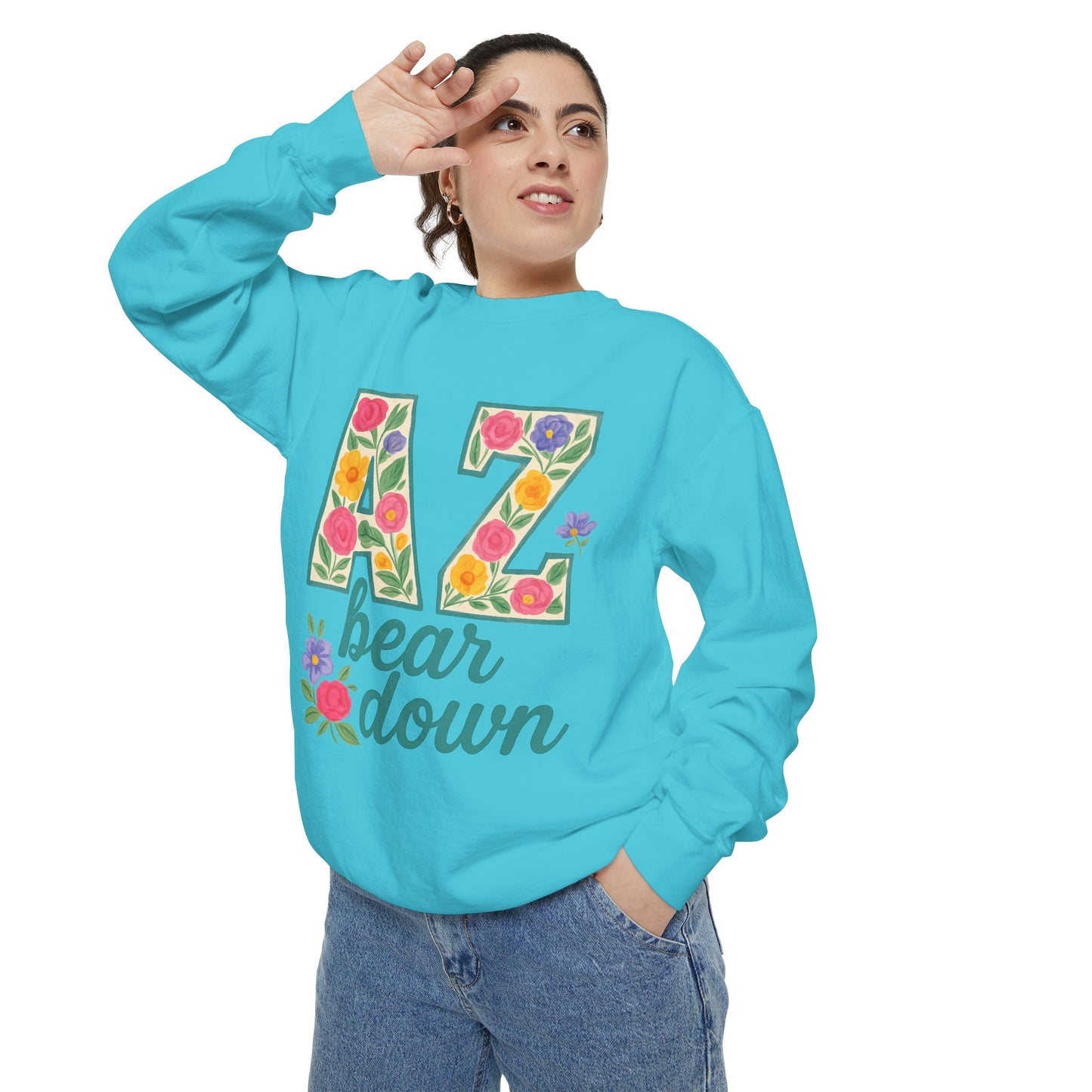 Arizona Floral Sweatshirt, Cozy Unisex Sweatshirt, Trendy Fall Layer, Gift for Him/Her, Sports Spirit Apparel, Bear Down AZ