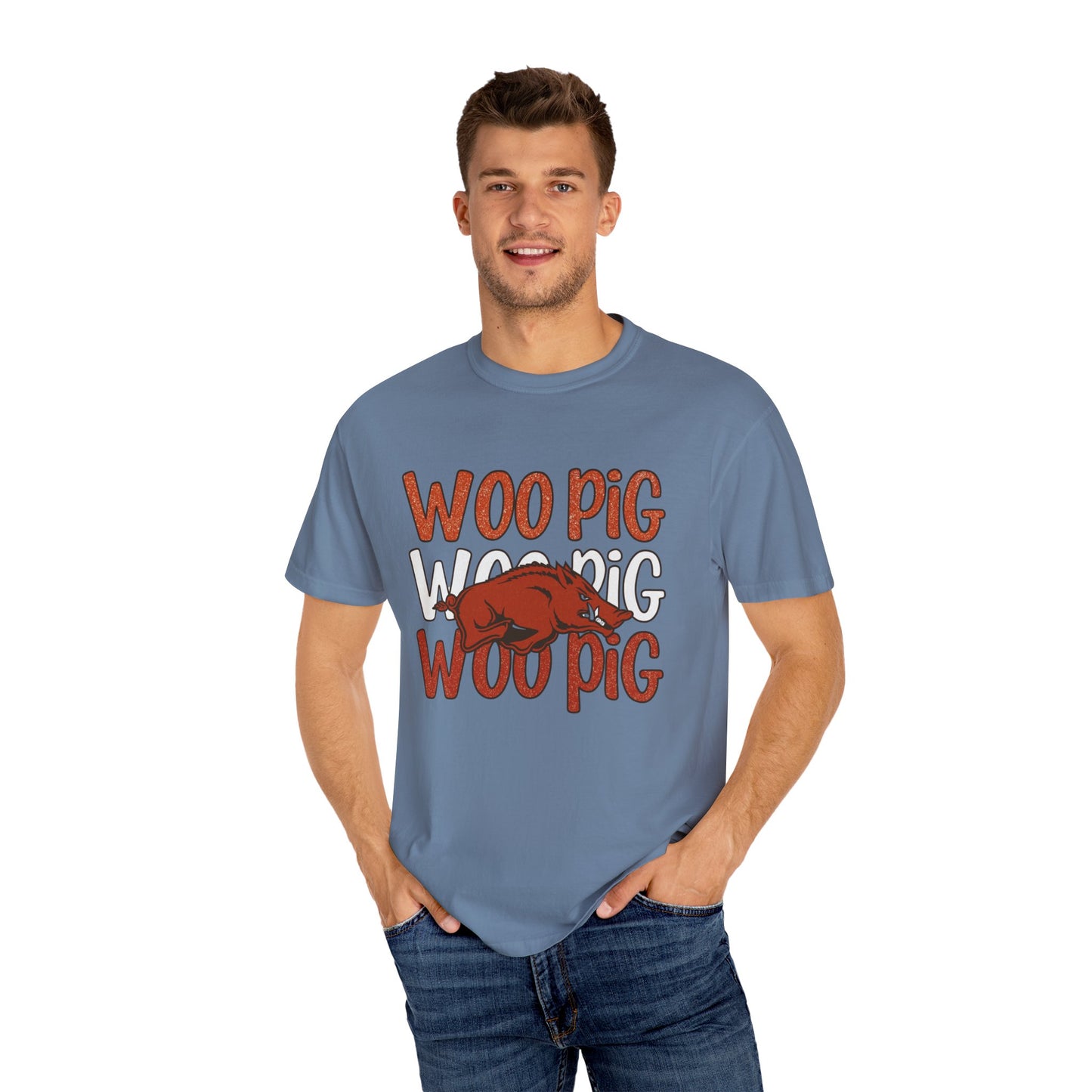 Woo Pig Garment-Dyed T-Shirt, Unisex Tee, Arkansas Pride Shirt, Casual Everyday Wear, College Game Day Tee, Fun Graphic Tee