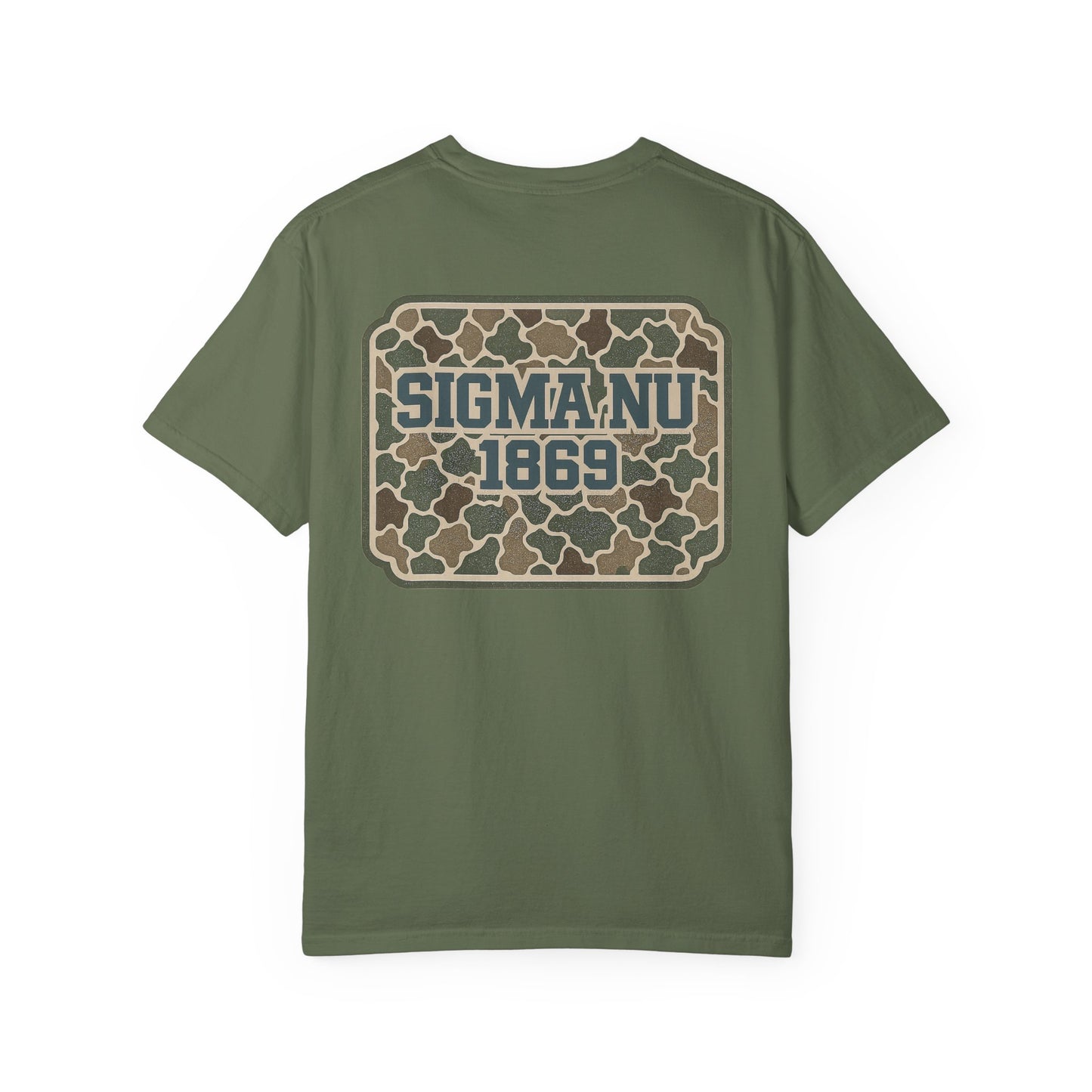 SigmaNu Camouflage T-Shirt | Unisex Garment-Dyed Tee for Greek Life | Ideal for Fraternity Events, Casual Wear, Gifts, Game Days