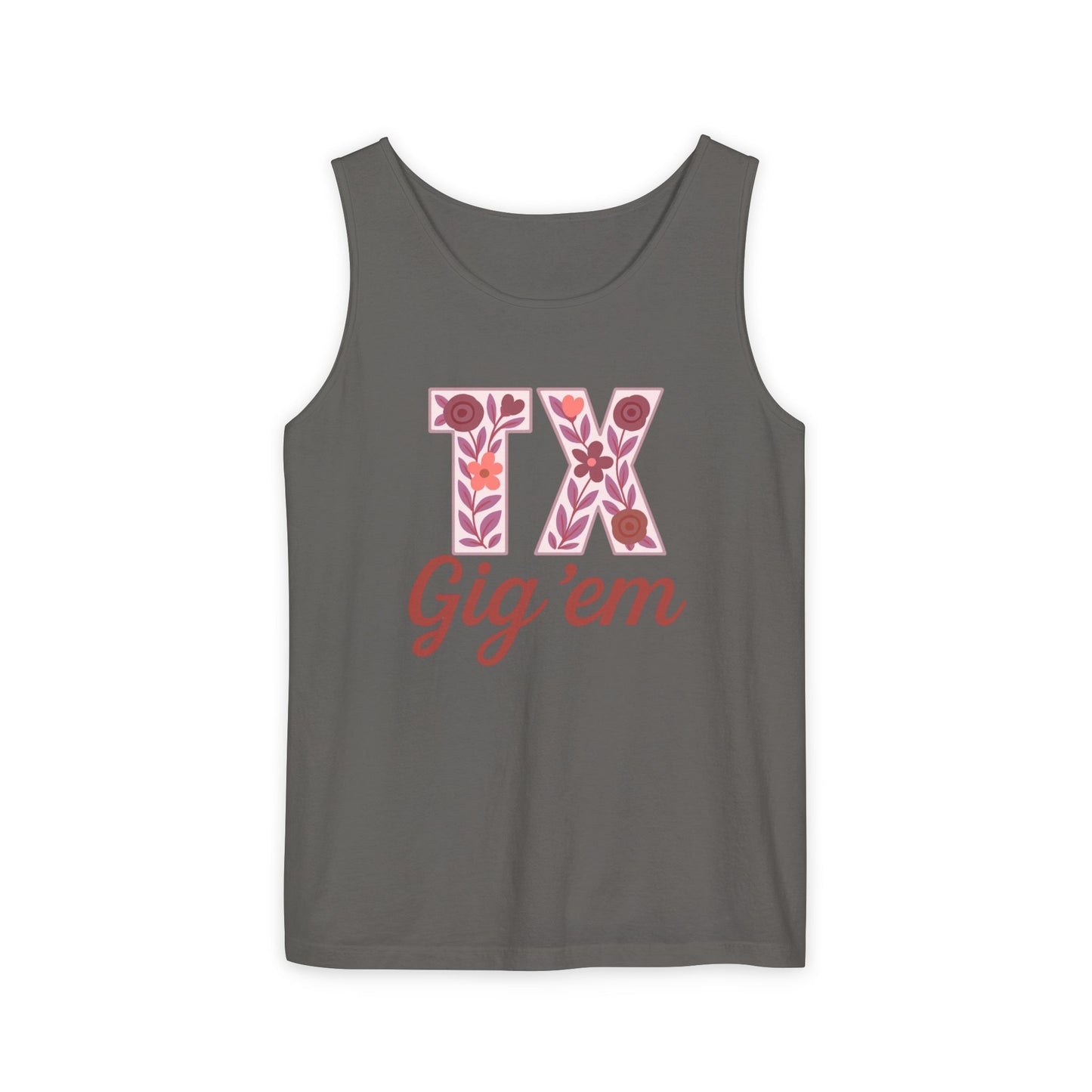 Texas Gig 'Em Tank Top, Unisex Summer Apparel, Cute Floral Design, Perfect for College Fans, Gifts, Comfort Colors, Graduation Gift