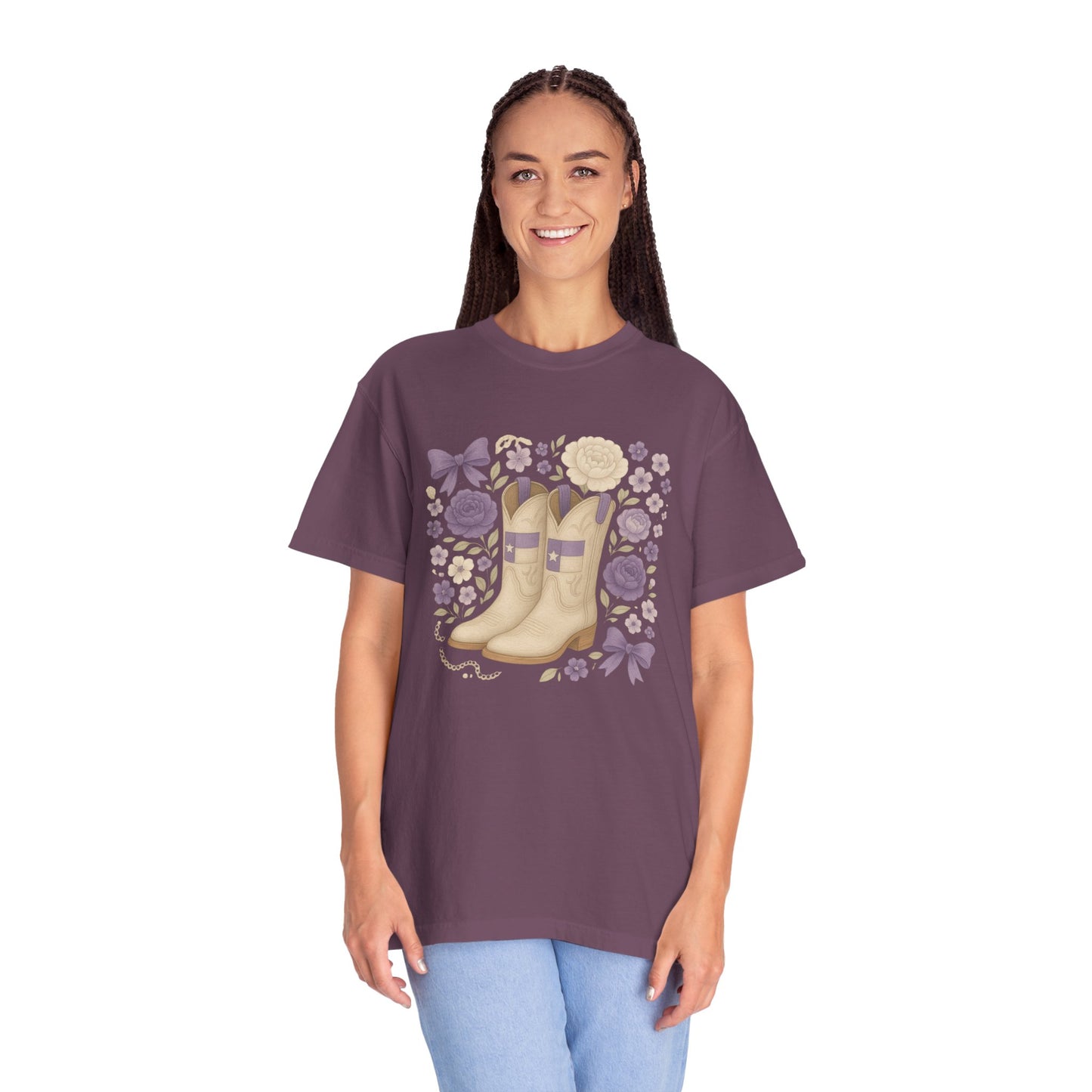 Whimsical Floral Boots Unisex T-Shirt | Casual Style, Gift for Her, Texas Christian University, TCU Frogs, Comfort Colors, Texas Fan gift, Graduation Gift