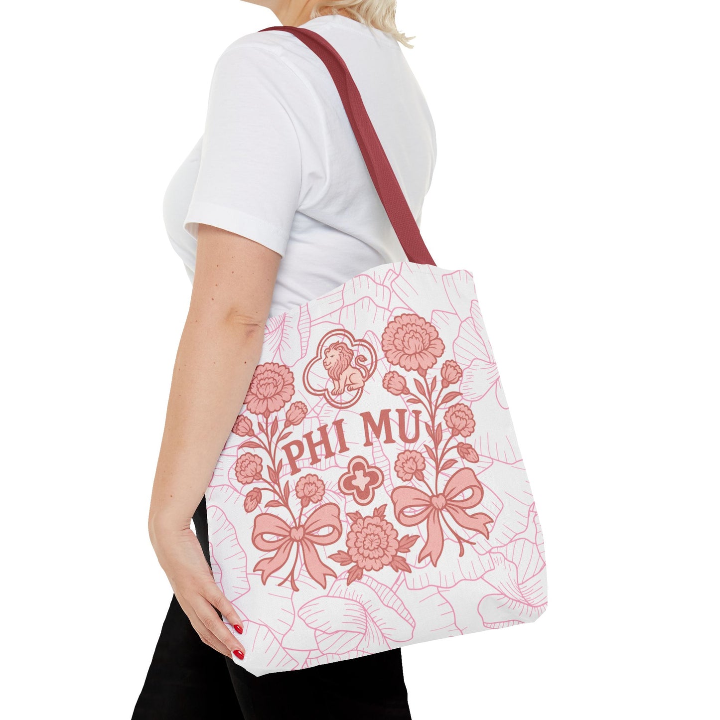 Phi Mu Floral Tote Bag, Sorority Bag, Gift for Sorority Sisters, Pink Floral Tote, College Essentials, AOP Design