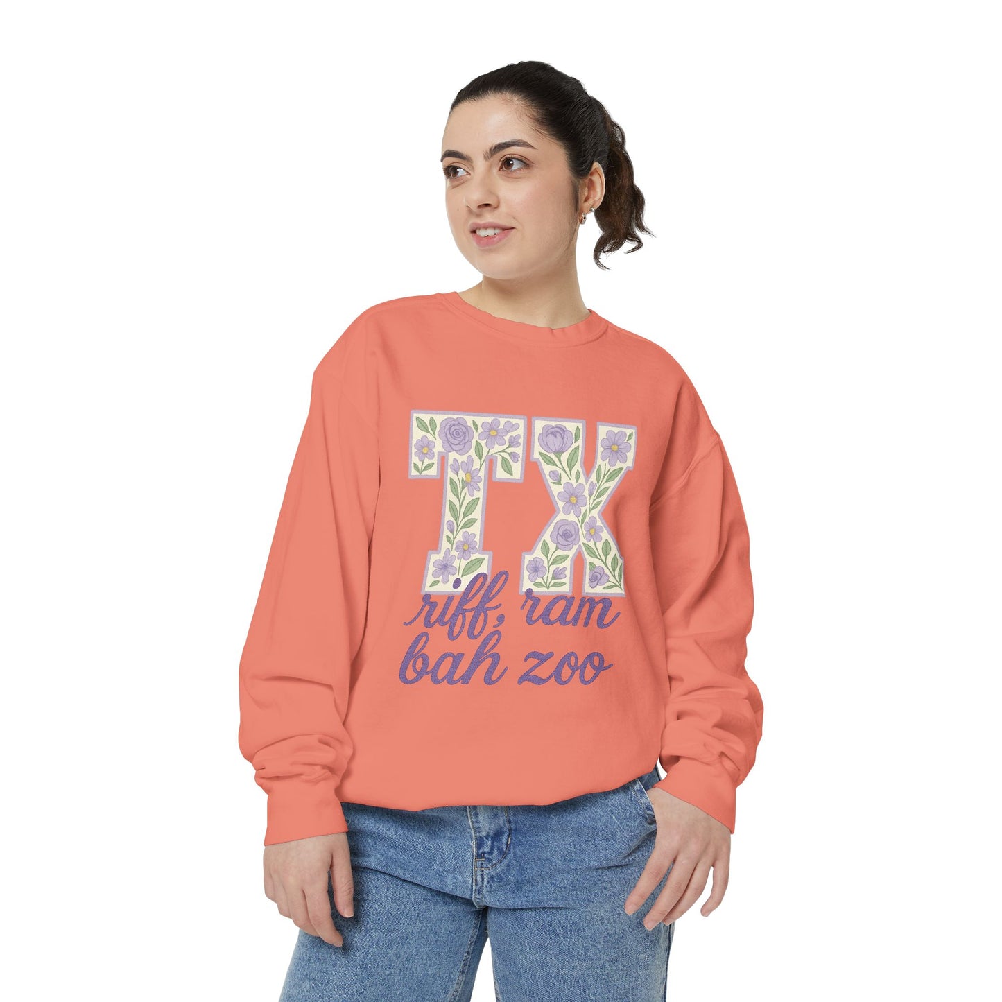 TCU Floral TX Sweatshirt - Unisex Garment-Dyed, Cozy Casual Wear, Texas Pride, Gift for Friends, College Apparel, Spring Outfits