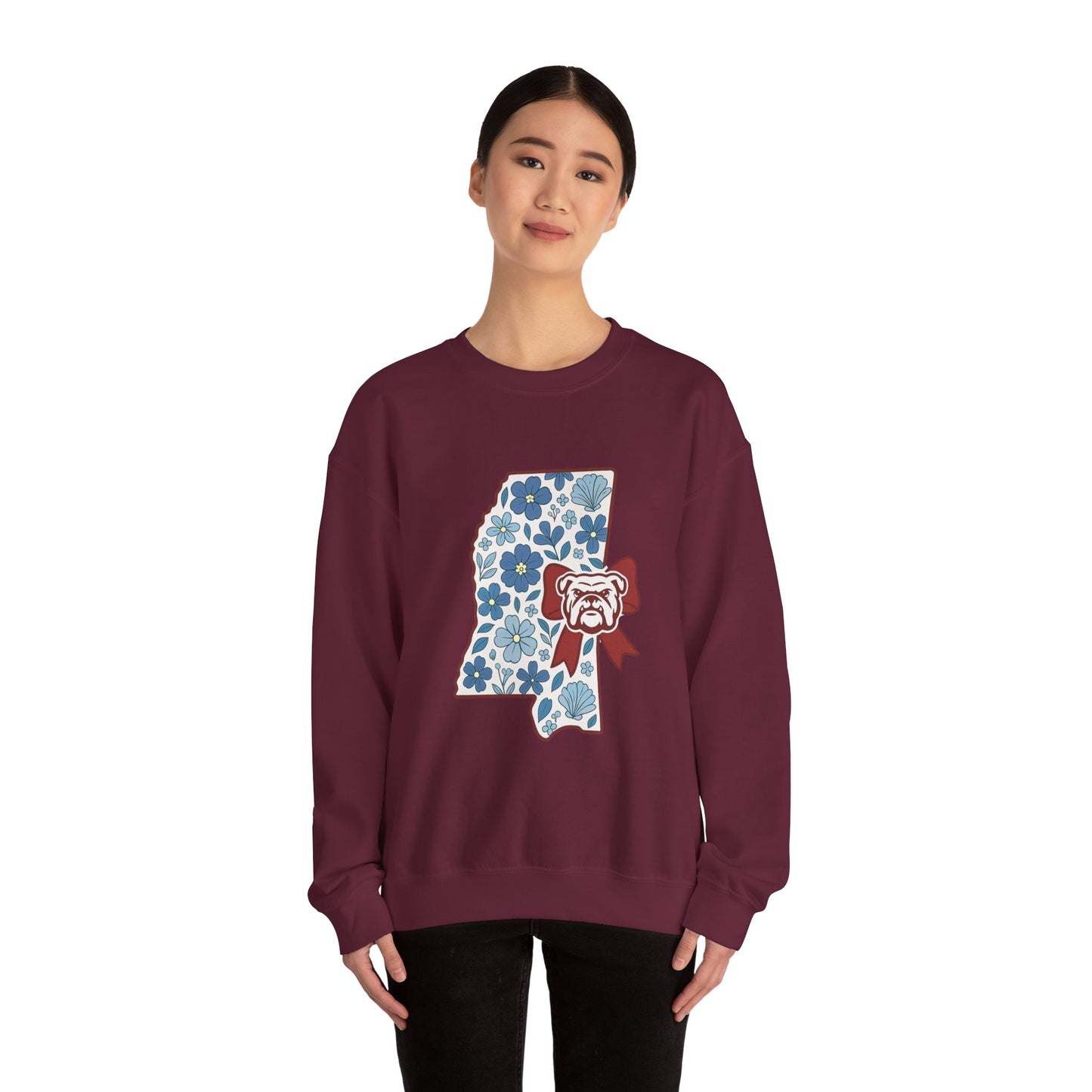 Mississippi Flower Bulldog Crewneck Sweatshirt, Cozy Sweatshirt for Fall, Gift for Dog Lovers, College Apparel, Casual Fashion