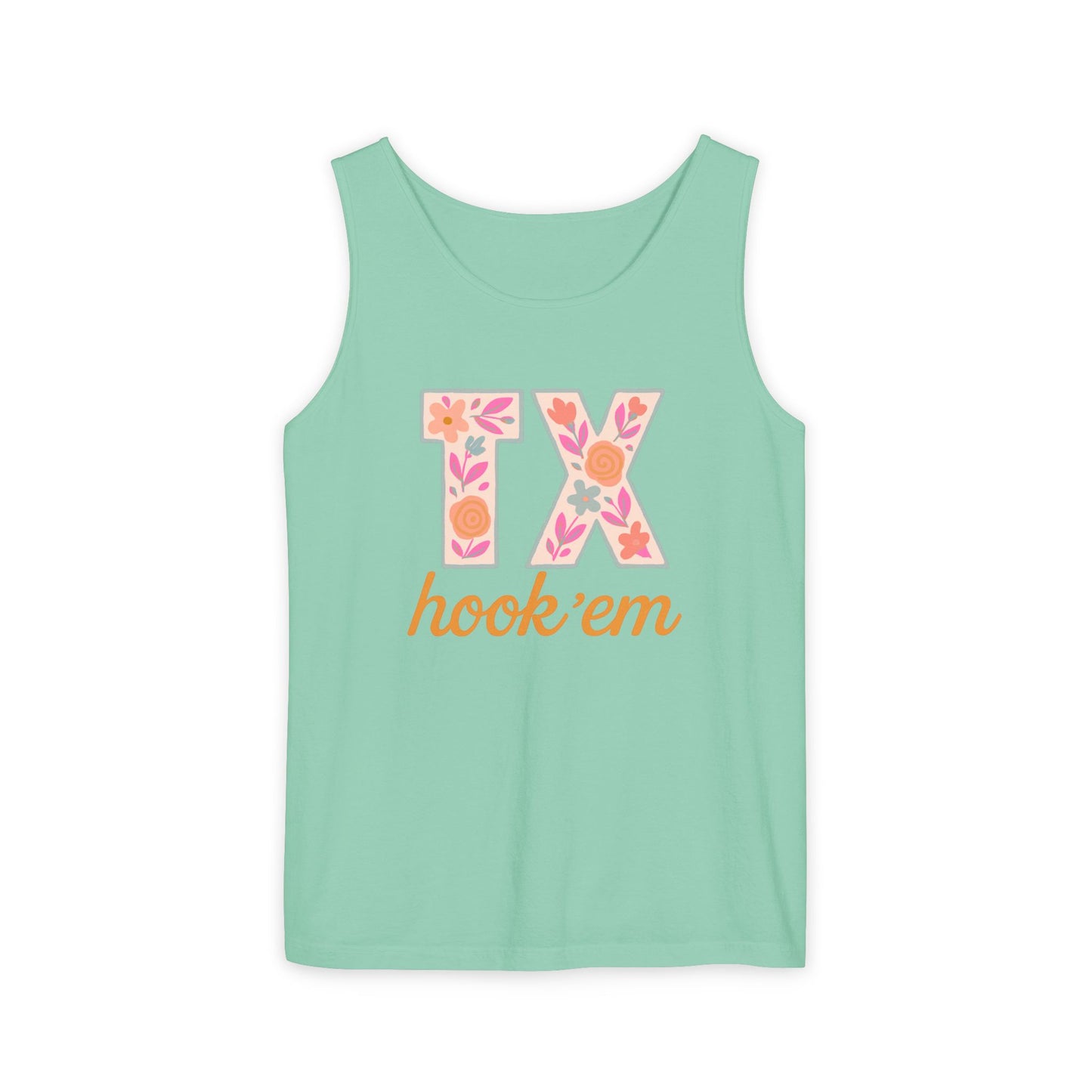 Texas Floral Hook 'Em Unisex Tank Top, Summer Vibe, Casual Wear, College Gear, Gift for Graduates, Texas Pride Apparel, Comfort Colors, Graduation Gift