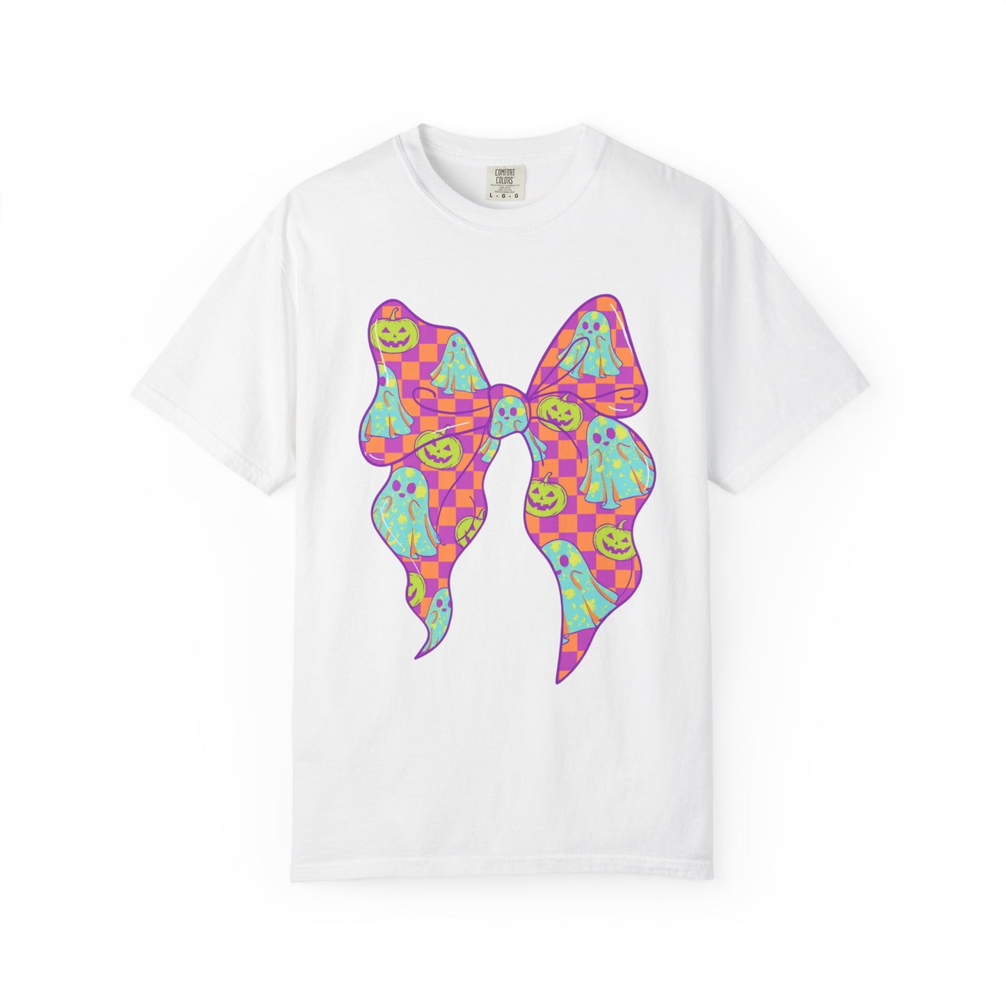 Neon Checkered Ghost Bow T-Shirt - Fun Lovers Halloween Unisex Tee