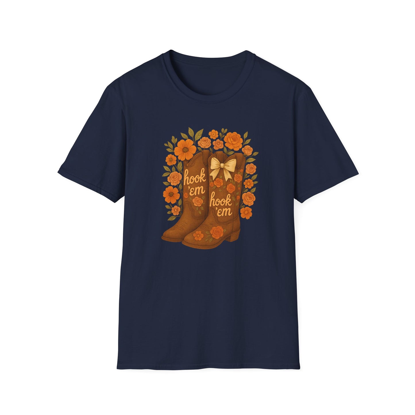 Tx Hook Em Floral Cowboy Boot T-Shirt, Hook 'Em Tee, Autumn Apparel, Country Style, Gift for Her, tx longhorns, texas fan gift, hook em horns, graduation gift, college student gift
