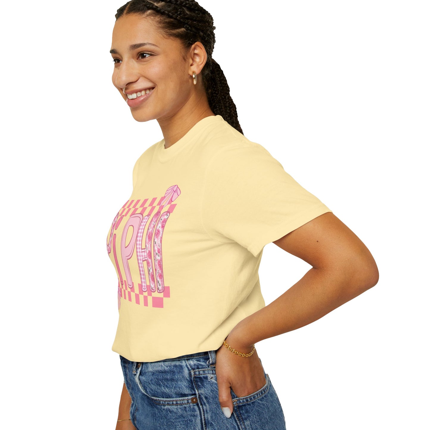 Cute Garment-Dyed T-Shirt for Sorority Sisters, Pi -Checked Style, Perfect for Casual Outings, Sorority Events, Gifts