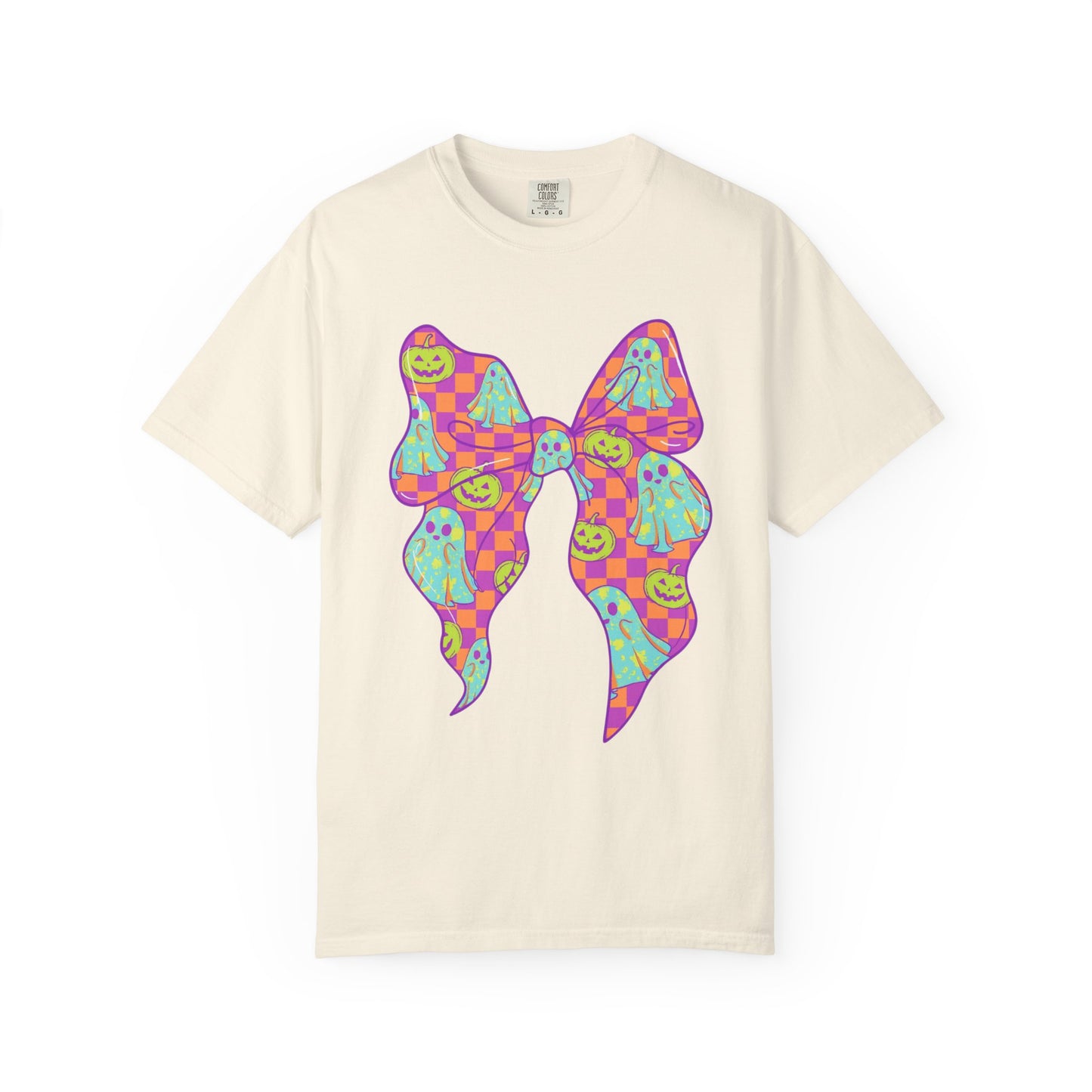 Neon Checkered Ghost Bow T-Shirt - Fun Lovers Halloween Unisex Tee