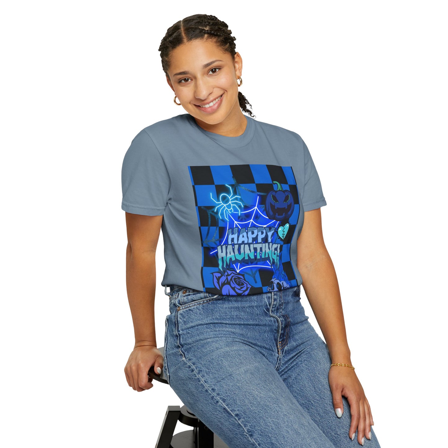 Happy Haunting Unisex Garment-Dyed T-shirt, Halloween Tee, Spooky Shirt, Fall Fashion, Casual Wear, Pumpkin Fest