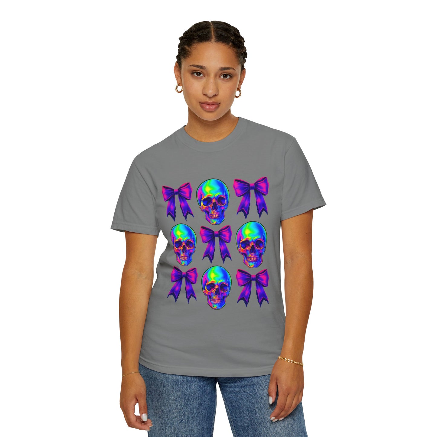 Neon Skull and Bow Unisex T-Shirt | Trendy Graphic Tee for Halloween, Festivals, Casual Wear, Gifts