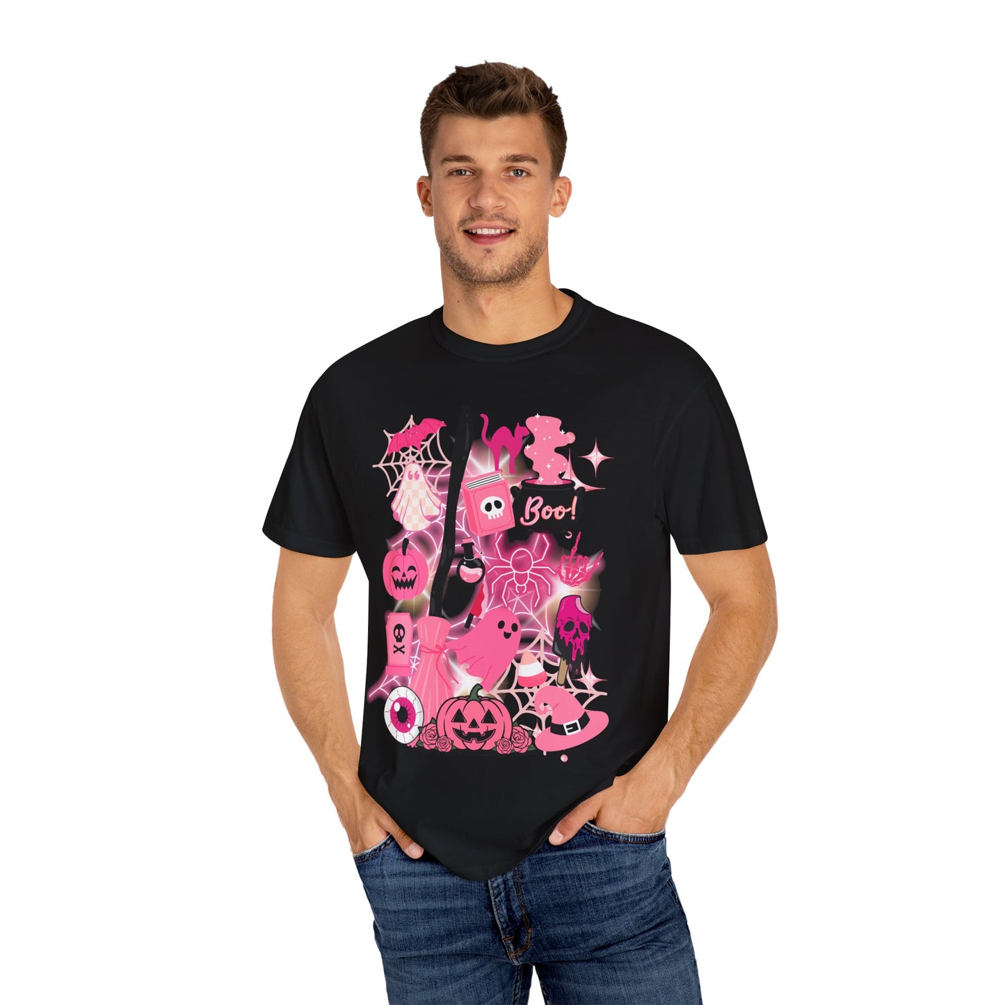 Pink Halloween-Themed Unisex T-shirt, Spooky Shirt, Ghostly Apparel, Boo T-shirt, Fall Fashion, Halloween Costume Top