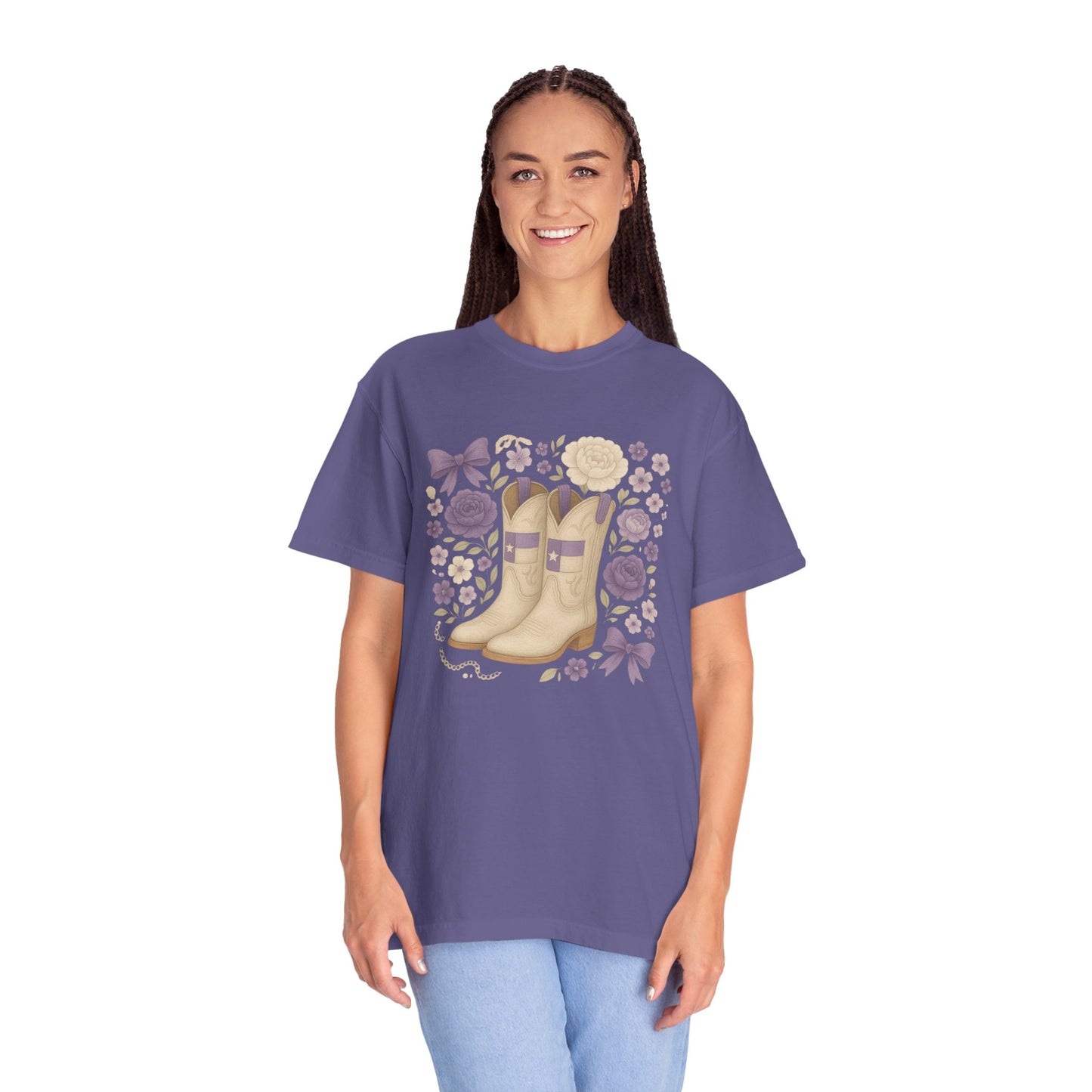 Whimsical Floral Boots Unisex T-Shirt | Casual Style, Gift for Her, Texas Christian University, TCU Frogs, Comfort Colors, Texas Fan gift, Graduation Gift