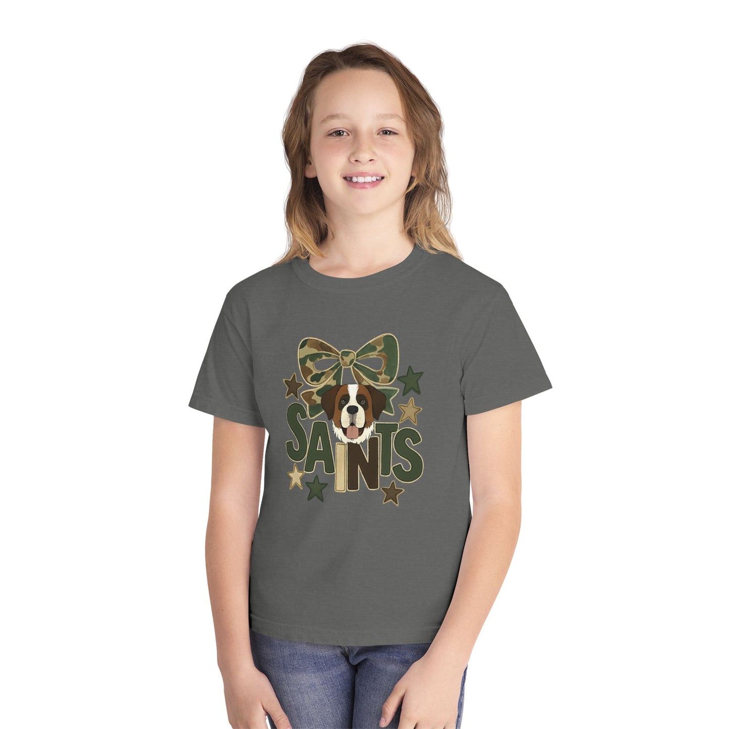 Camo Saints Youth Tee, Fun T-Shirt for Dog Lovers, Kids Outdoor Adventure Gear, Birthday Gift, Casual Wear