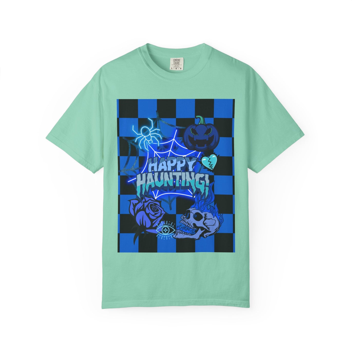 Happy Haunting Unisex Garment-Dyed T-shirt, Halloween Tee, Spooky Shirt, Fall Fashion, Casual Wear, Pumpkin Fest