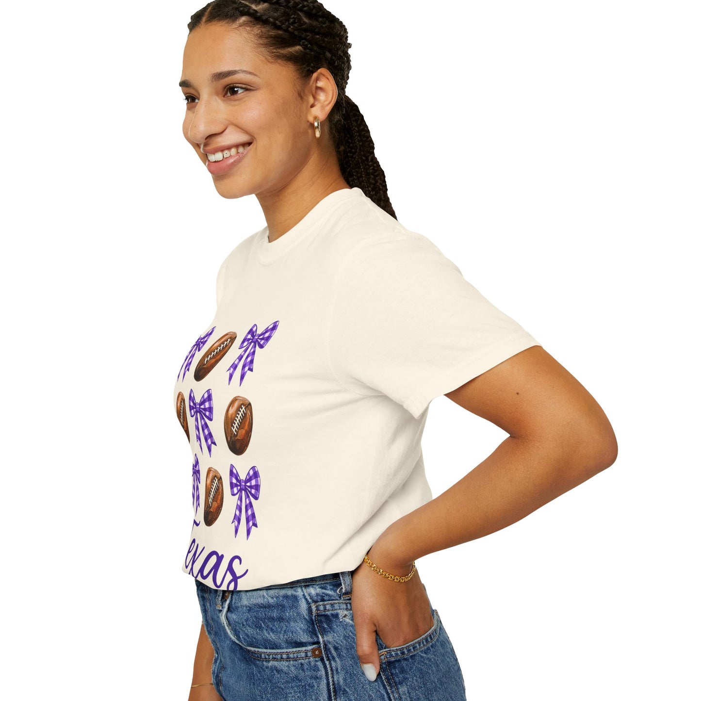 Texas Football Unisex T-Shirt with Purple Bows - Game Day Sports Apparel for Horned Frogs Fans