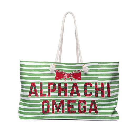 Alpha Chi Omega Festive Weekender Bag, Holiday Tote, Travel Bag, Christmas Gift, Sorority Bag, Weekend Getaway Bag