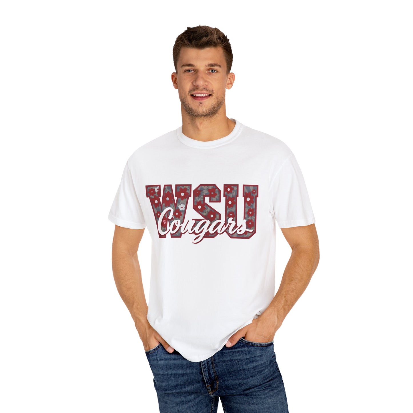 Garment-Dyed T-Shirt with WSU Cougars Design, Casual Wear, College Apparel, Sports Fan Gear, Comfortable Lifestyle Top, WSU Cougars