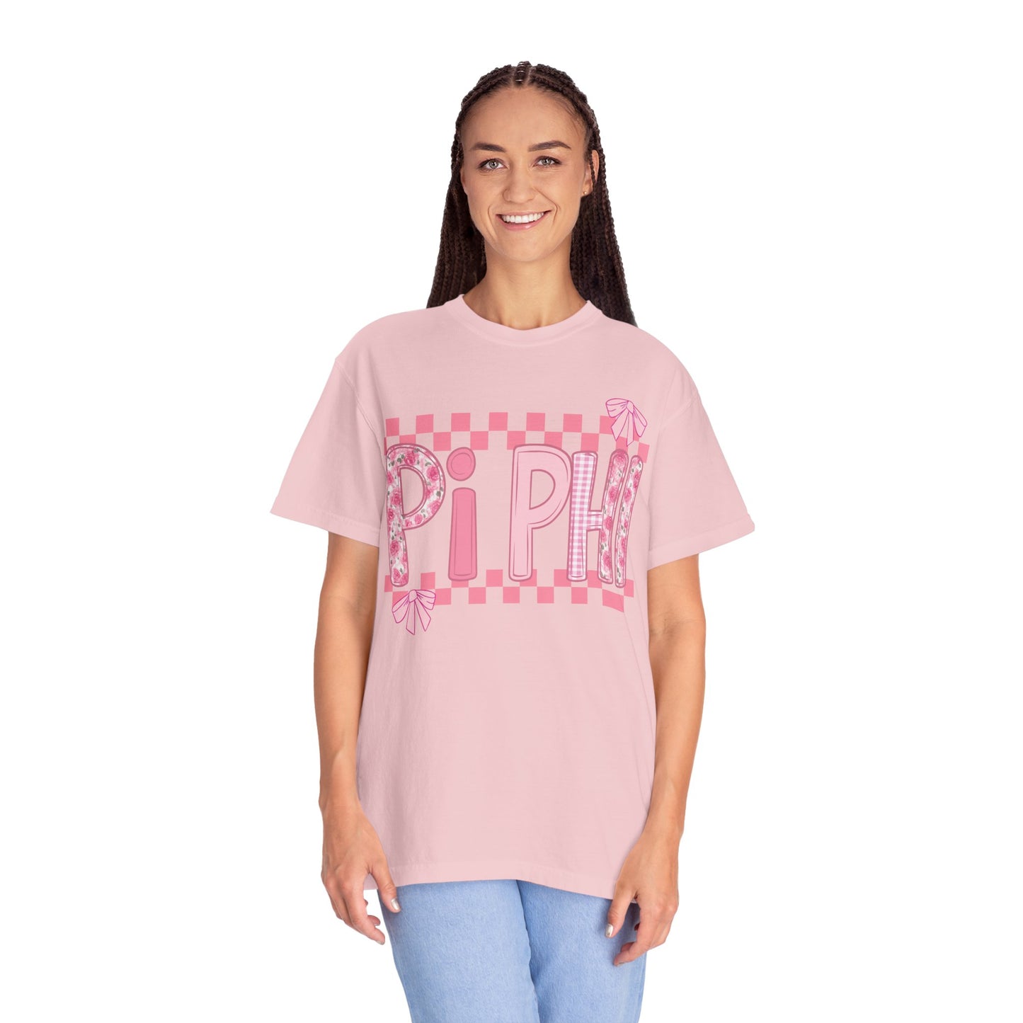 Cute Garment-Dyed T-Shirt for Sorority Sisters, Pi -Checked Style, Perfect for Casual Outings, Sorority Events, Gifts