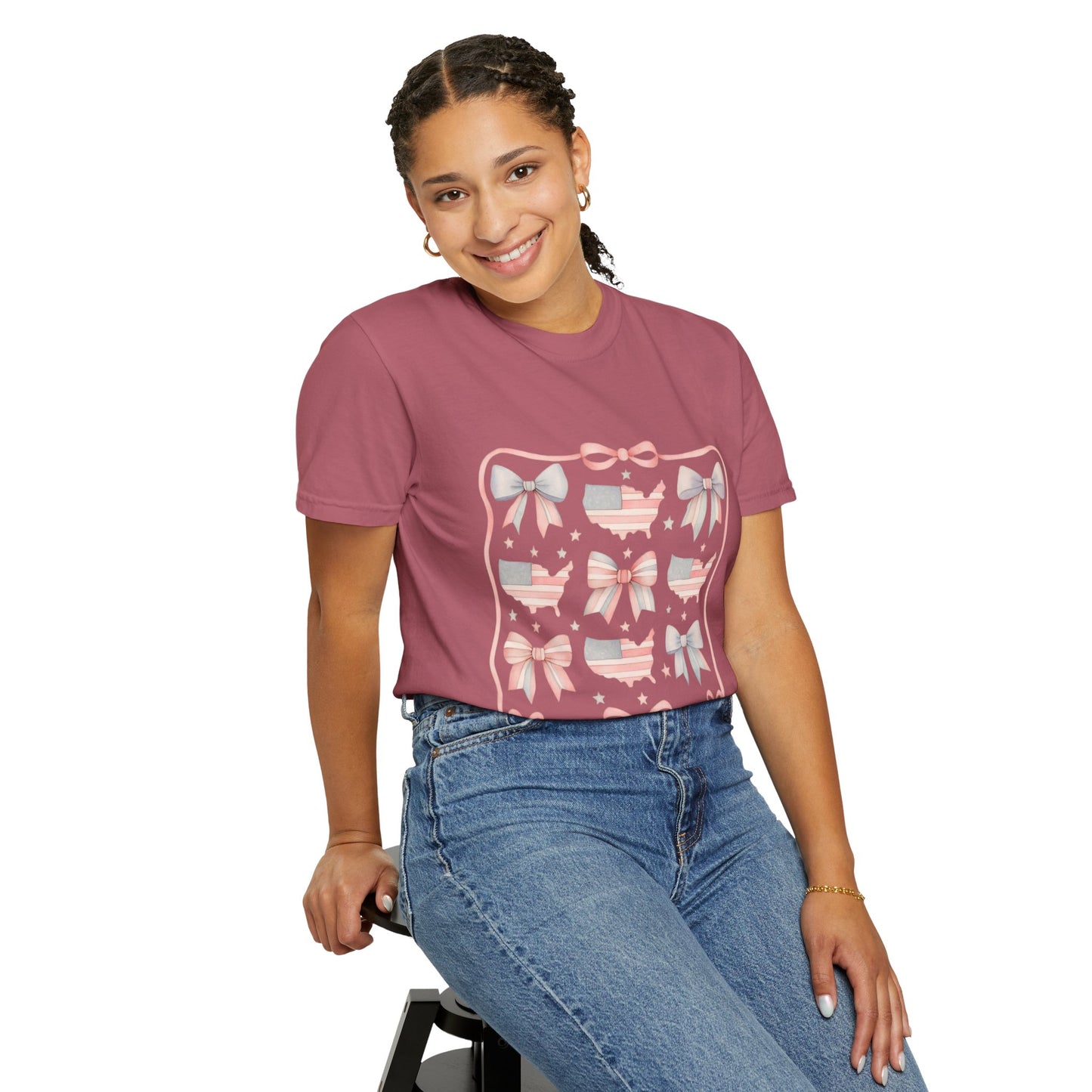 America Coquette Cute Bow Pattern Comfort Colors Unisex T-Shirt - 4th of July USA Celebration