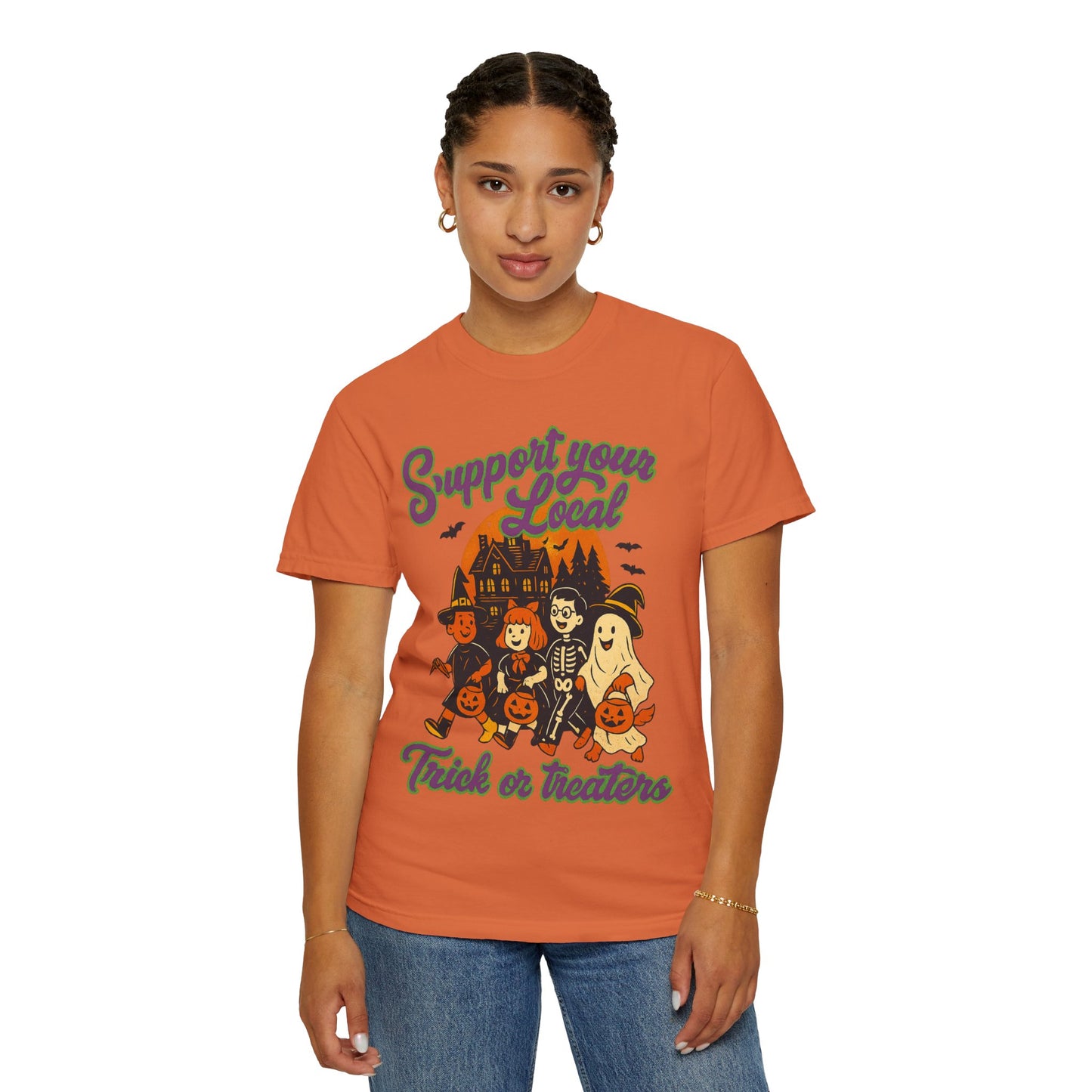 Halloween Support T-Shirt, Youth Trick or Treat Shirt, Garment-Dyed Tee for Kids, Spooky Season Apparel, Holiday Party Top, Fun Costume Wear