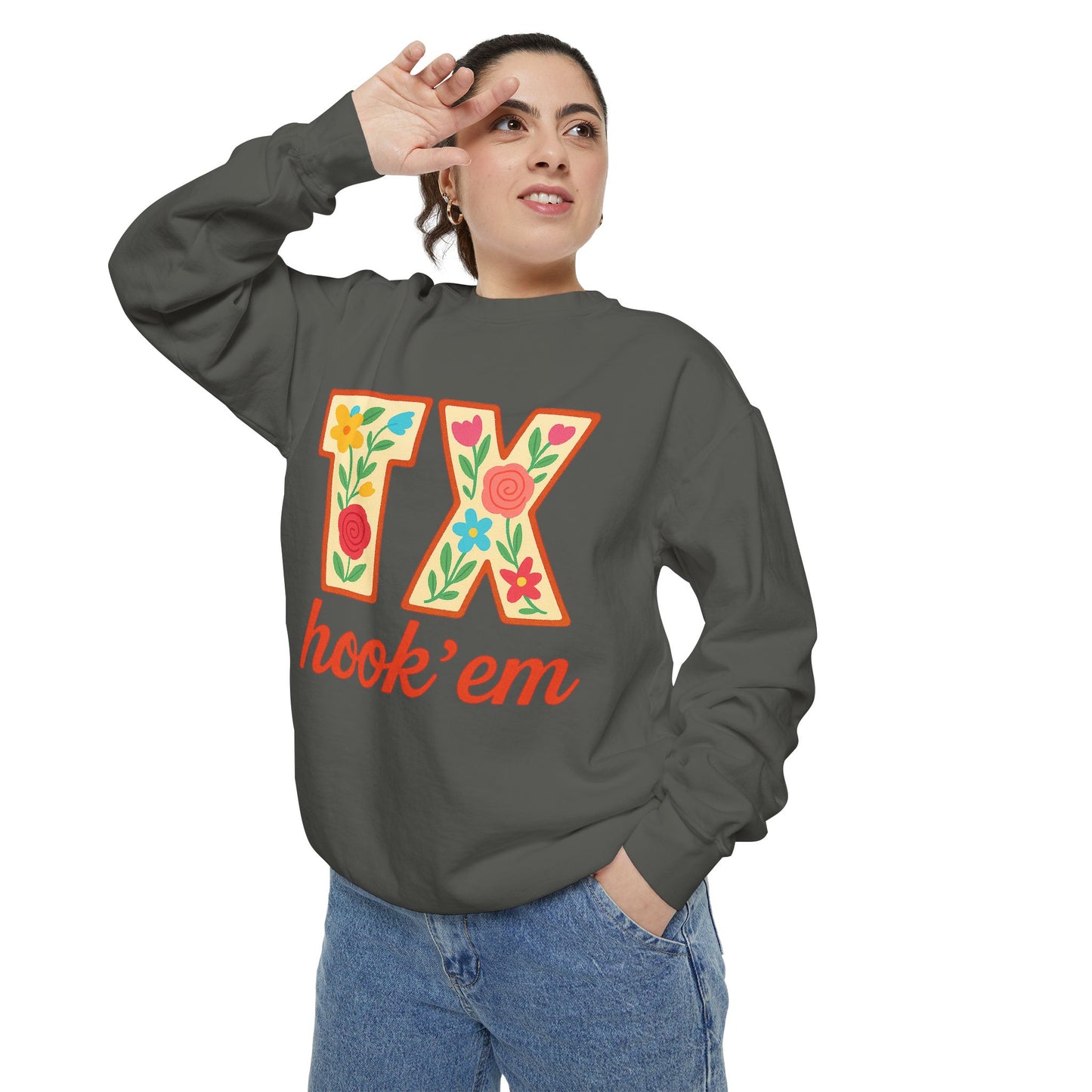 Texas Floral Sweatshirt, Unisex Garment-Dyed Sweatshirt, Cozy Casual Wear, Perfect for Game Day, Floral TX Hook 'Em Design, Stylish [...]