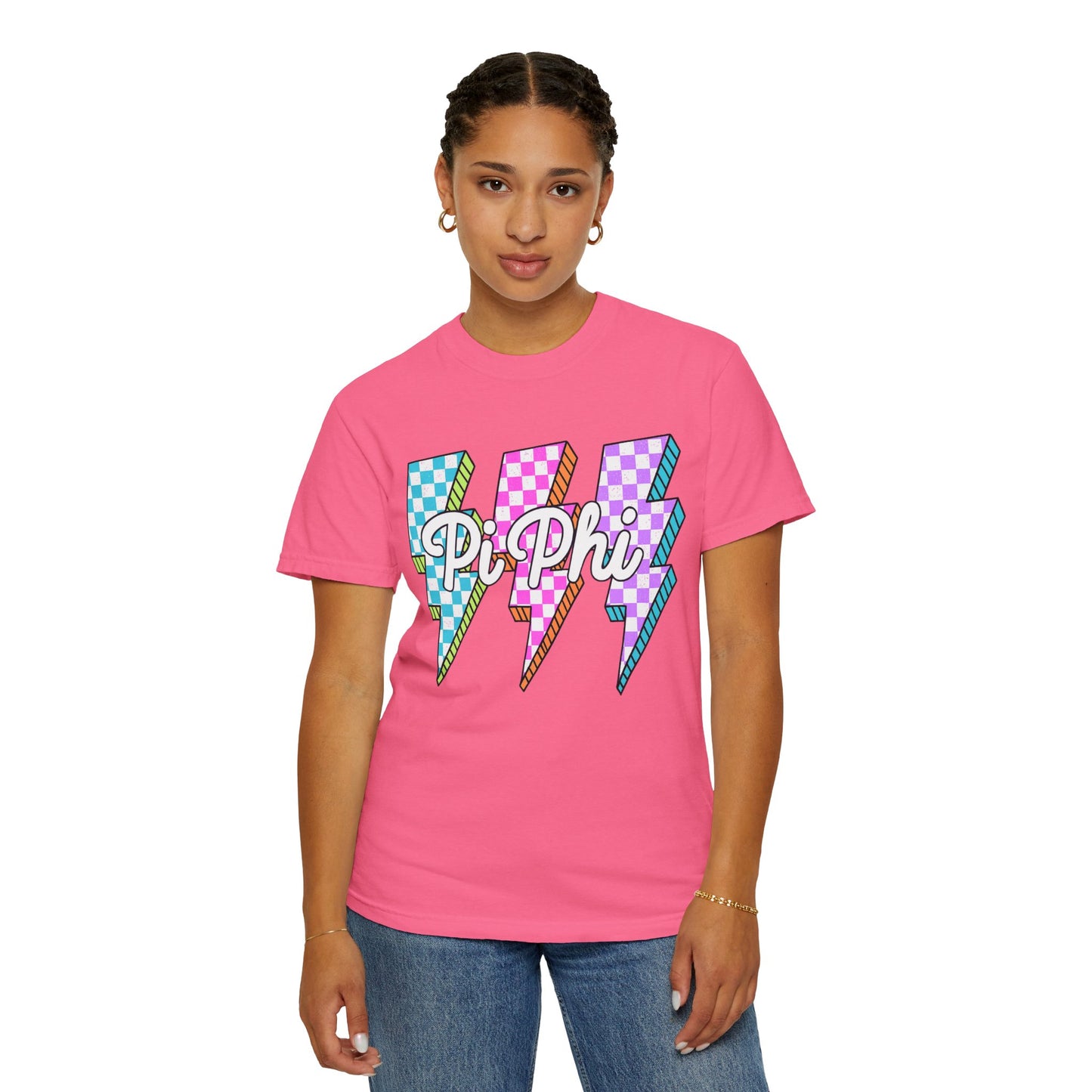 PB Phi Lightning Bolt Unisex T-shirt | Vibrant Greek Life Apparel, Unique Gift for Sorority Sisters, Casual Wear, Celebrating Sisterhood