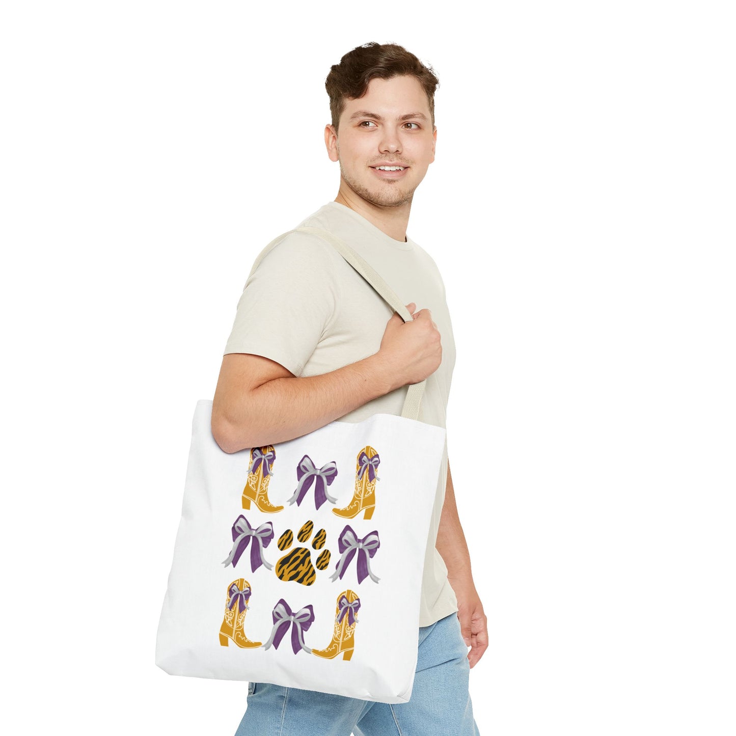LSu coquette bow Print Tote Bag, Eco-Friendly Fashion Bag, lsu tiger fan, louisiana game day, geaux tigers, college student gift, graduation gift