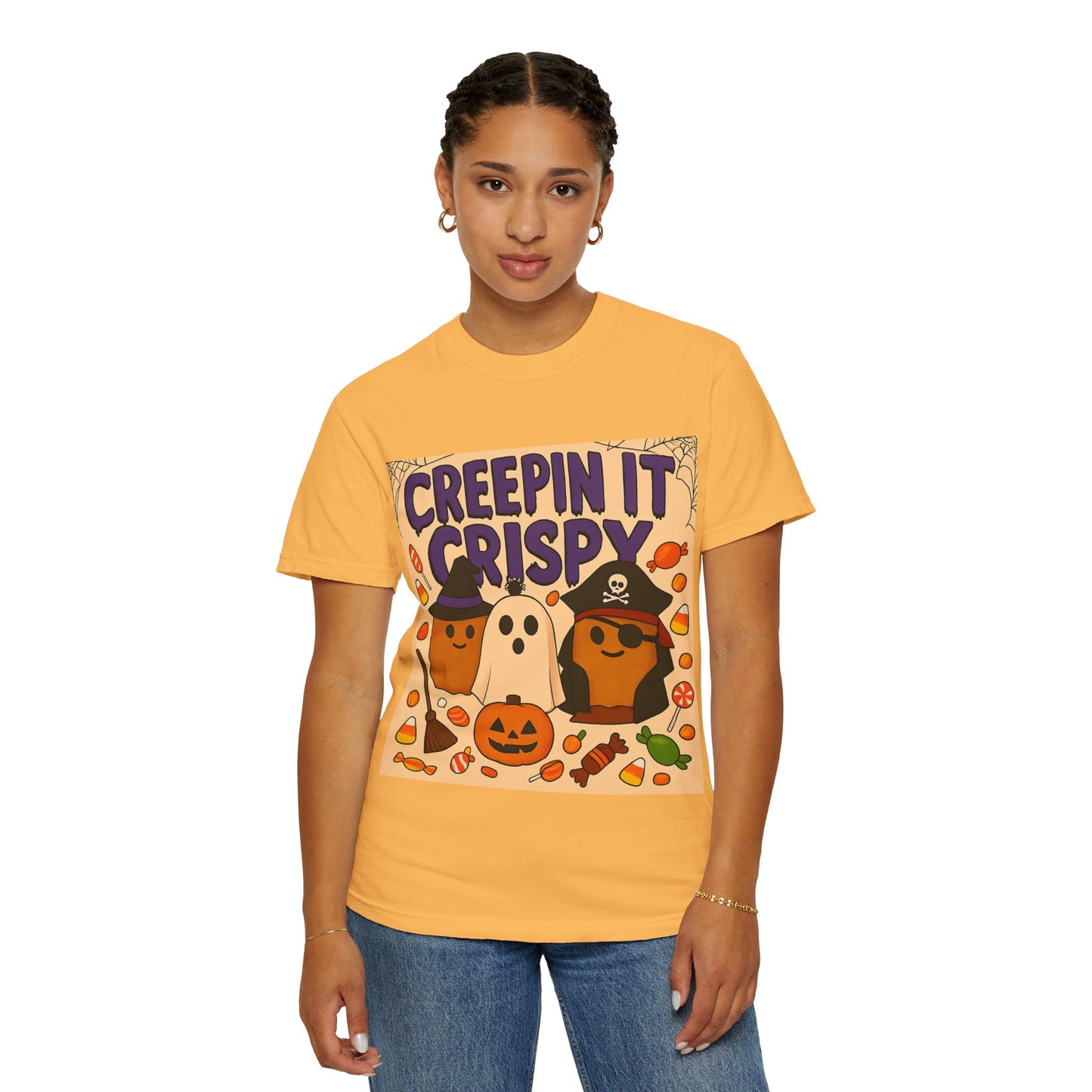Halloween Themed T-Shirt, Creepin It Crispy T-Shirt, Unisex Shirt for Fall, Cute Halloween Tee, Festive Ghost & Candy Design