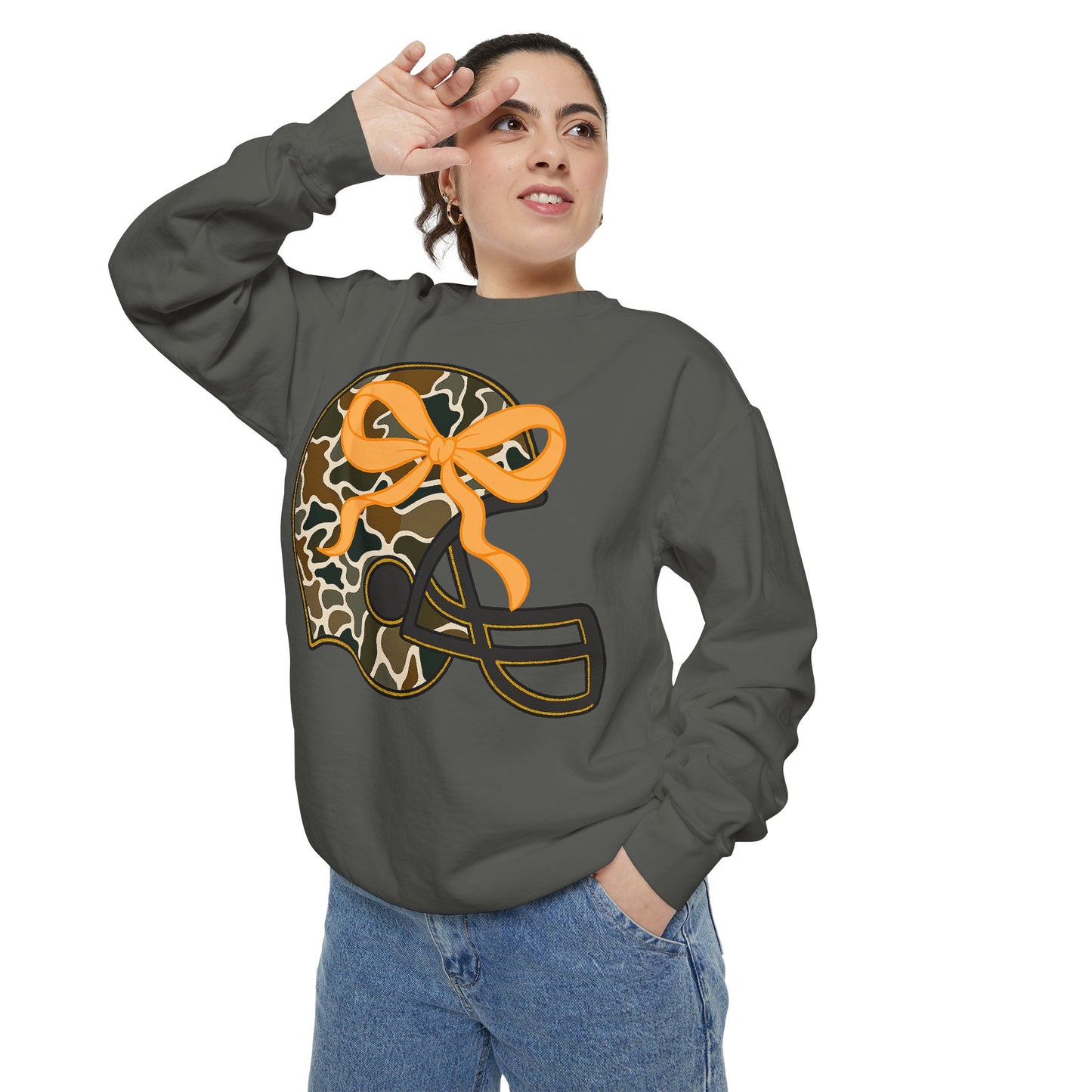 Comfort colors sweatshirt Camo Helmet Design, Casual Athletic Wear, Unisex Fall Fashion, Gift for Sports Fans
