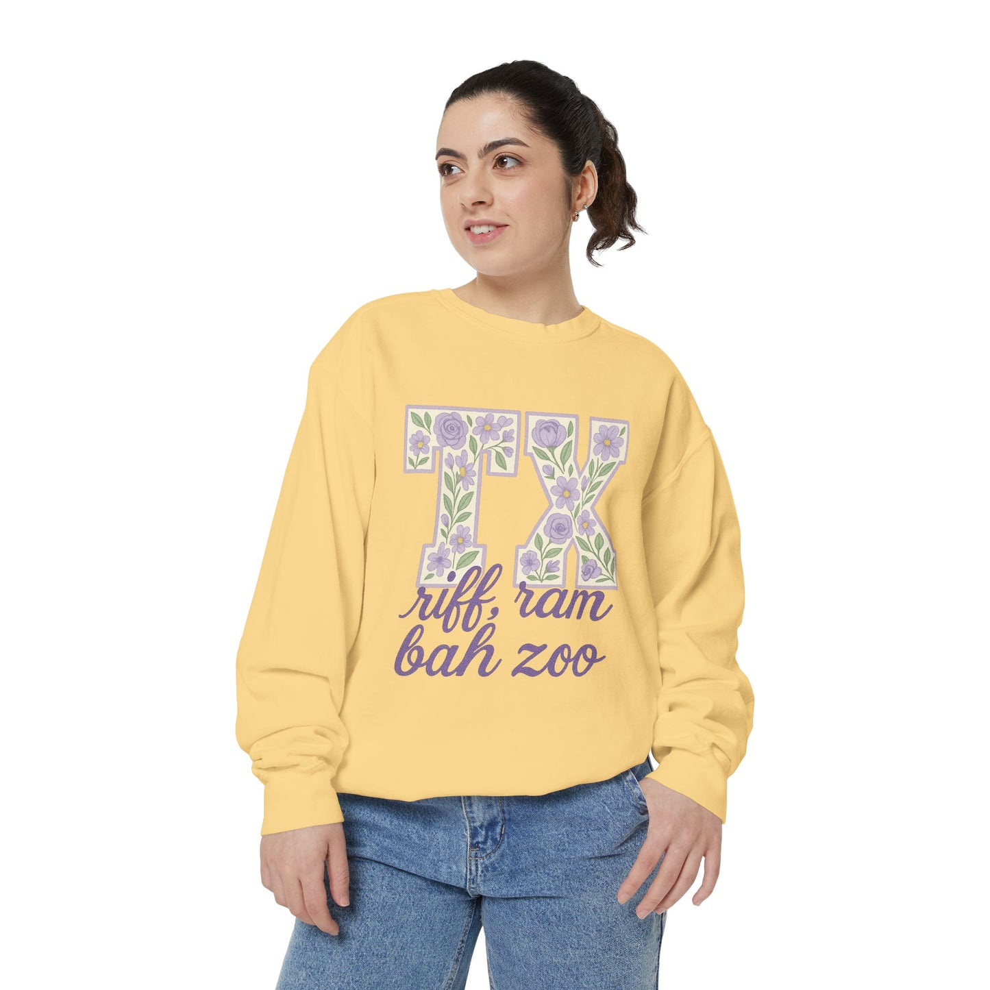 TCU Floral TX Sweatshirt - Unisex Garment-Dyed, Cozy Casual Wear, Texas Pride, Gift for Friends, College Apparel, Spring Outfits