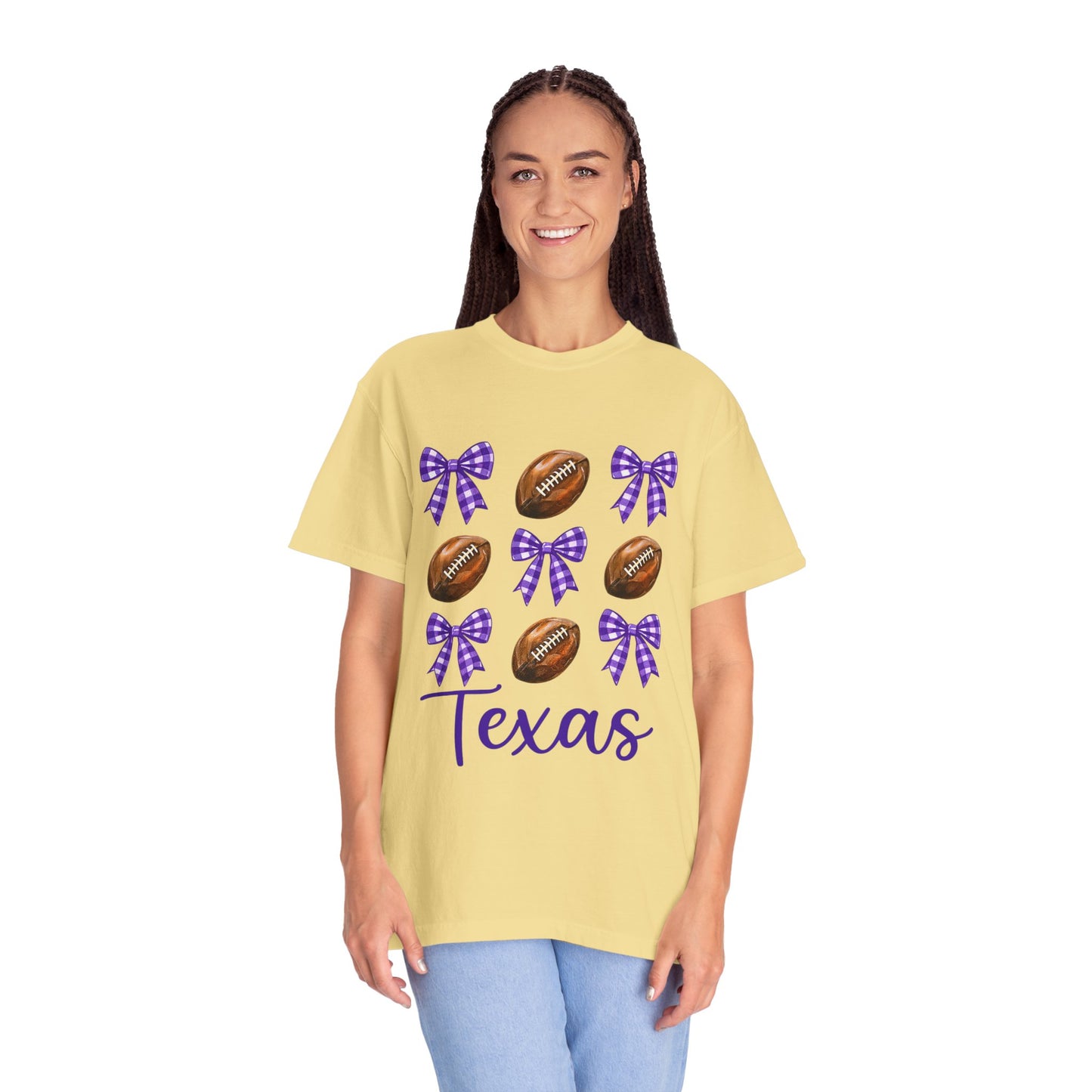 Texas Football Unisex T-Shirt with Purple Bows - Game Day Sports Apparel for Horned Frogs Fans
