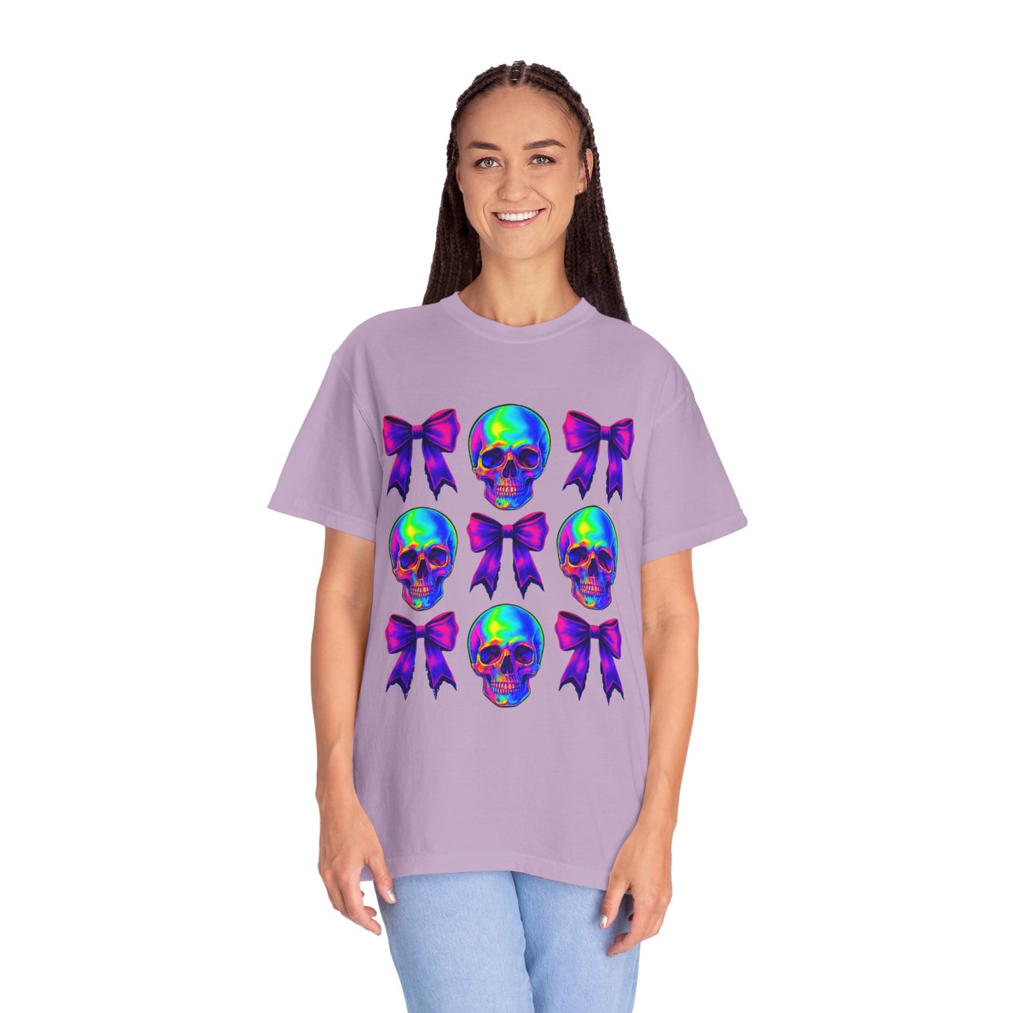 Neon Skull and Bow Unisex T-Shirt | Trendy Graphic Tee for Halloween, Festivals, Casual Wear, Gifts