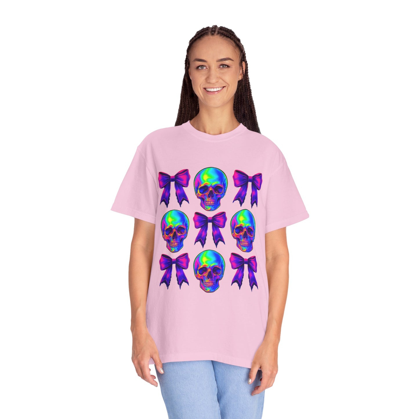 Neon Skull and Bow Unisex T-Shirt | Trendy Graphic Tee for Halloween, Festivals, Casual Wear, Gifts
