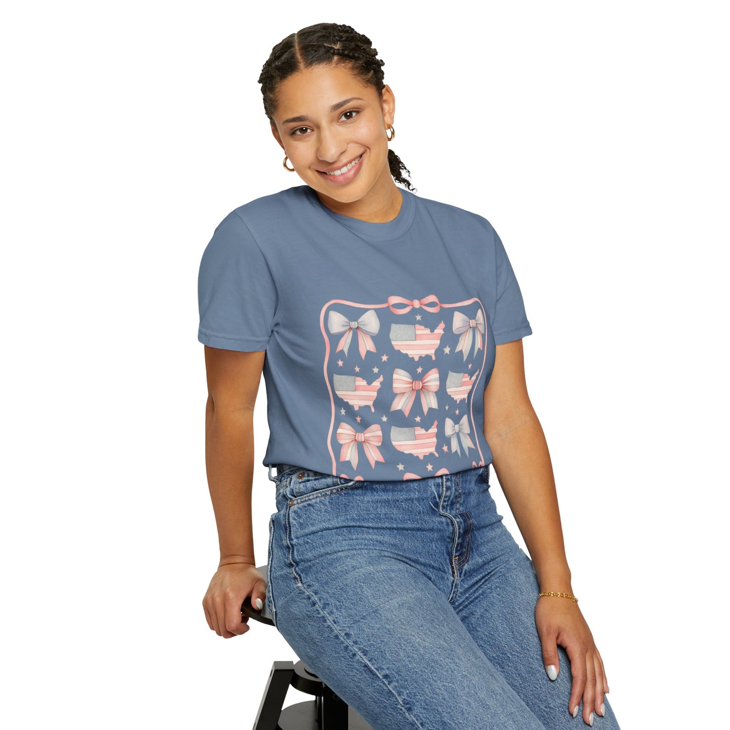 America Coquette Cute Bow Pattern Comfort Colors Unisex T-Shirt - 4th of July USA Celebration