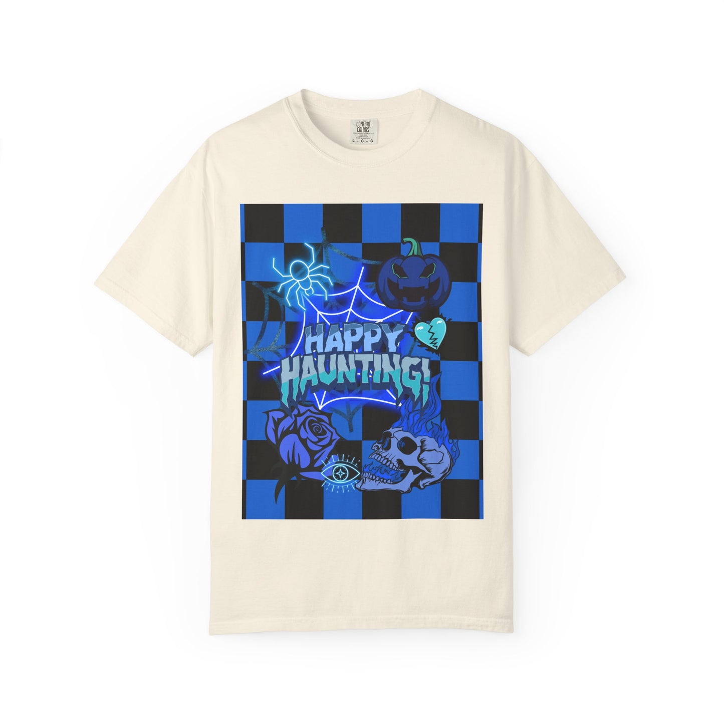 Happy Haunting Unisex Garment-Dyed T-shirt, Halloween Tee, Spooky Shirt, Fall Fashion, Casual Wear, Pumpkin Fest