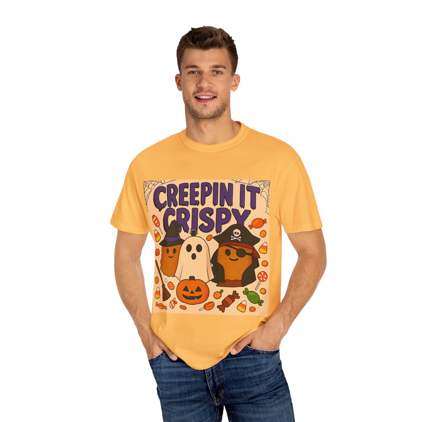 Halloween Themed T-Shirt, Creepin It Crispy T-Shirt, Unisex Shirt for Fall, Cute Halloween Tee, Festive Ghost & Candy Design