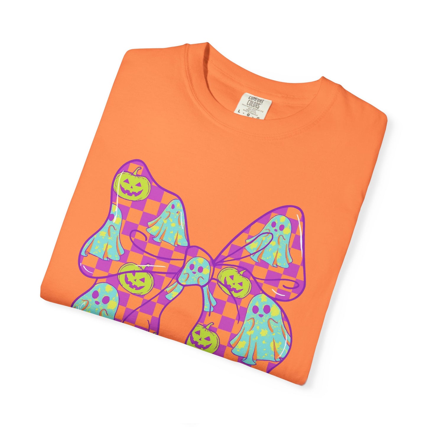 Neon Checkered Ghost Bow T-Shirt - Fun Lovers Halloween Unisex Tee