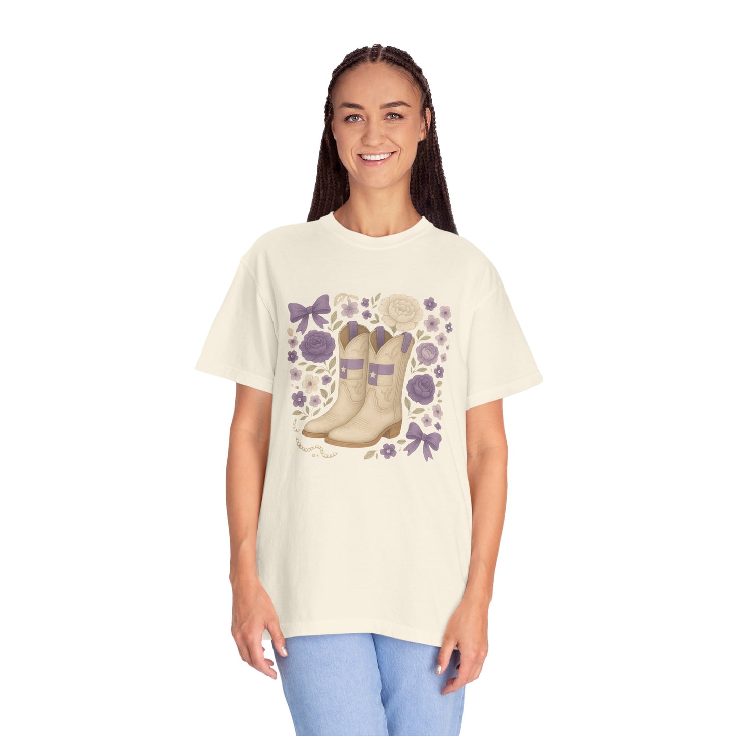 Whimsical Floral Boots Unisex T-Shirt | Casual Style, Gift for Her, Texas Christian University, TCU Frogs, Comfort Colors, Texas Fan gift, Graduation Gift