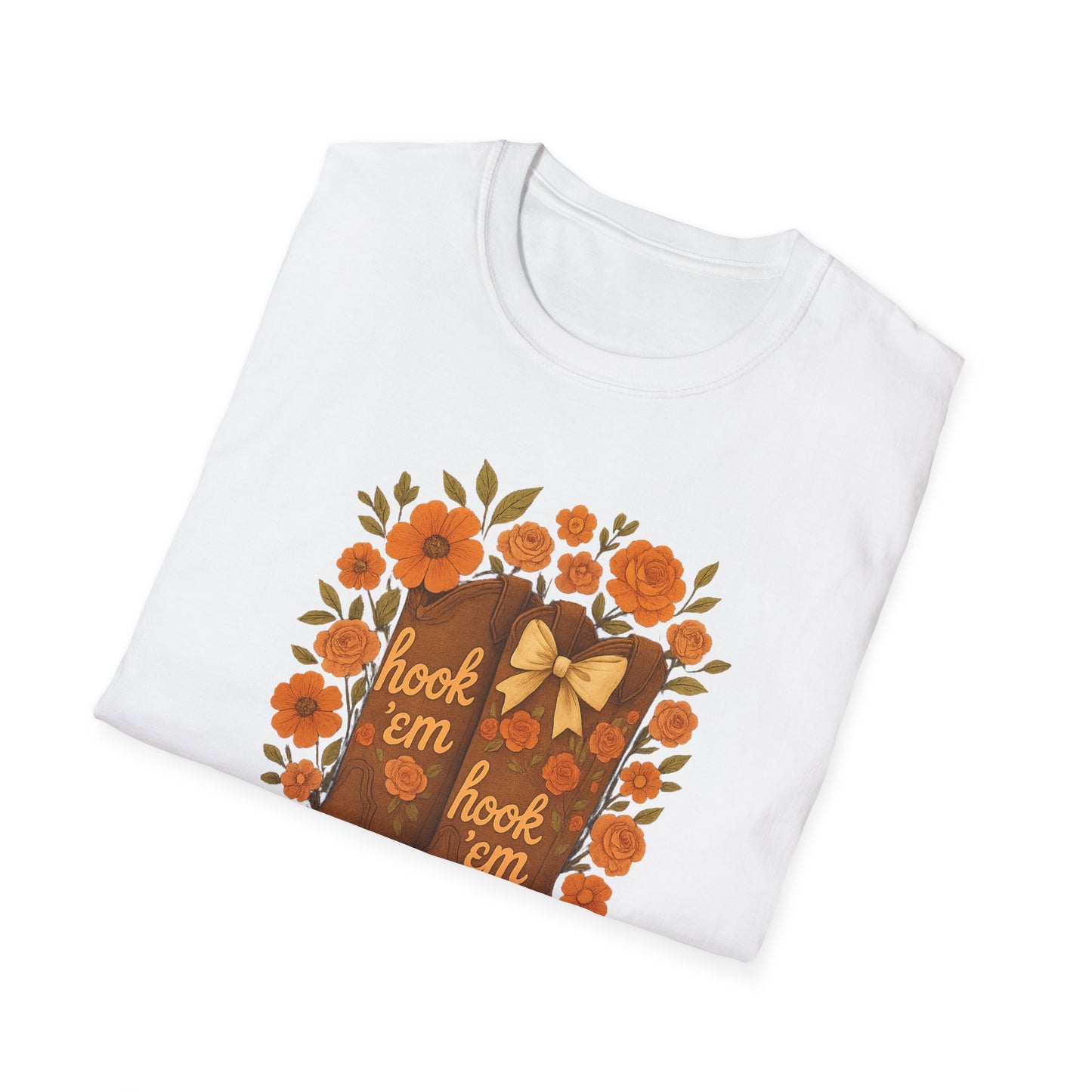 Tx Hook Em Floral Cowboy Boot T-Shirt, Hook 'Em Tee, Autumn Apparel, Country Style, Gift for Her, tx longhorns, texas fan gift, hook em horns, graduation gift, college student gift