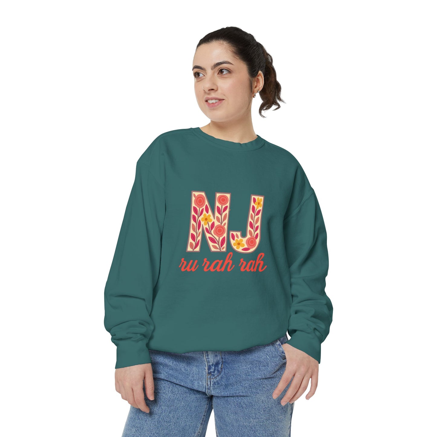 Cheerful NJ Garment-Dyed Sweatshirt, Cozy Unisex Pullover for School Spirit, Fall Fashion, Gift for College Students, Relaxed Fit