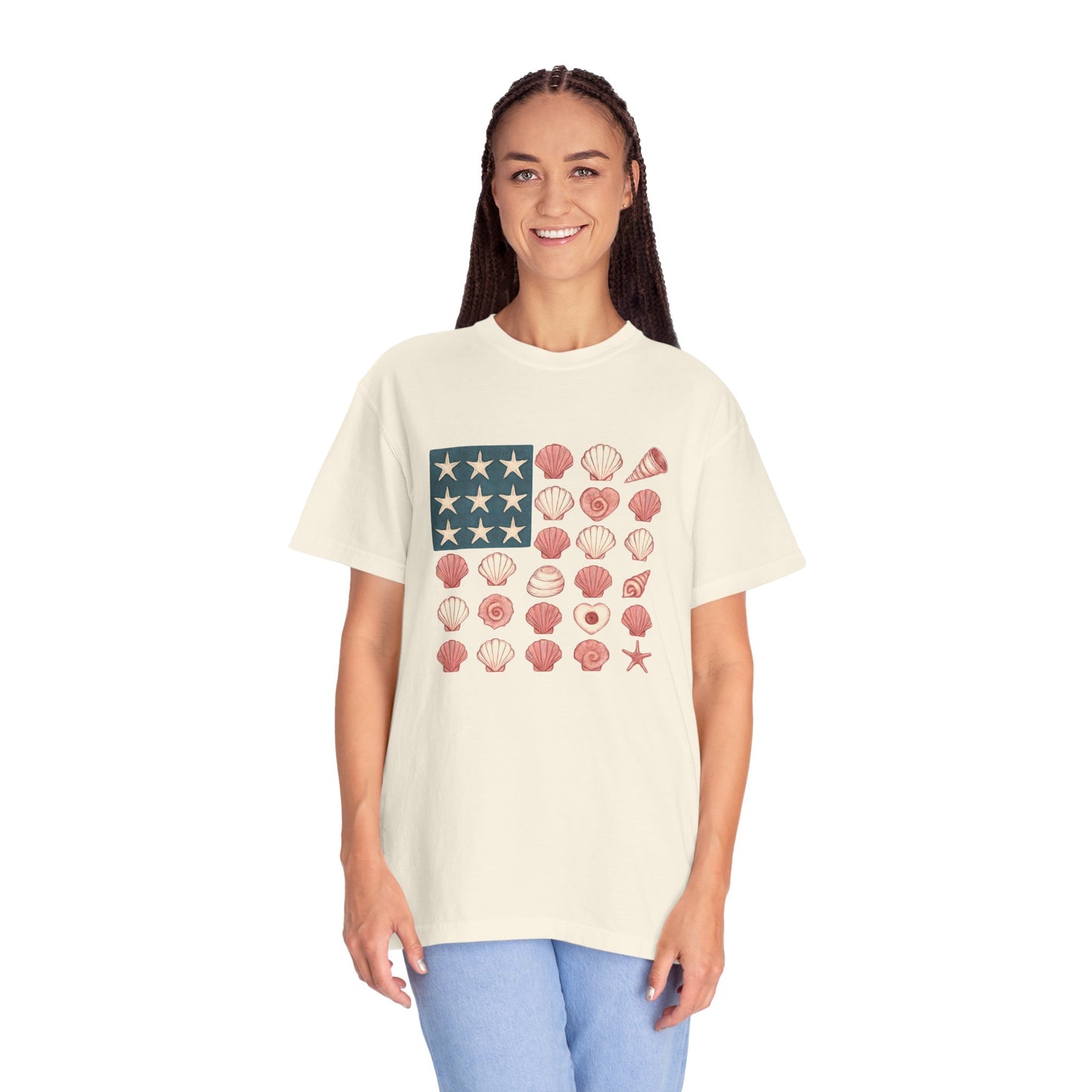 Comfort Colors-Seashell Flag T-Shirt, Unisex, American Flag, Beach Vibes, Nautical Gift, Summer Vibes, July 4th