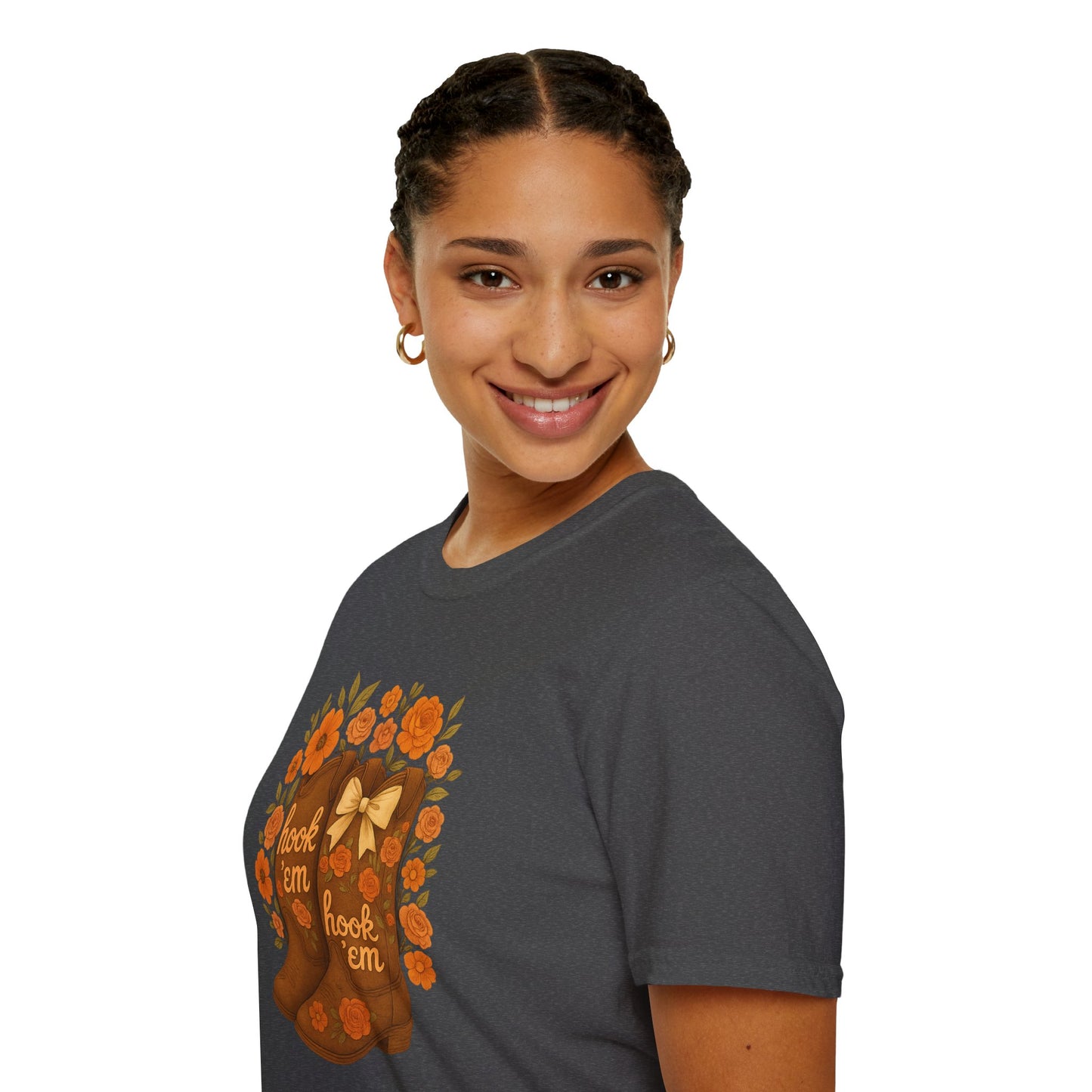 Tx Hook Em Floral Cowboy Boot T-Shirt, Hook 'Em Tee, Autumn Apparel, Country Style, Gift for Her, tx longhorns, texas fan gift, hook em horns, graduation gift, college student gift