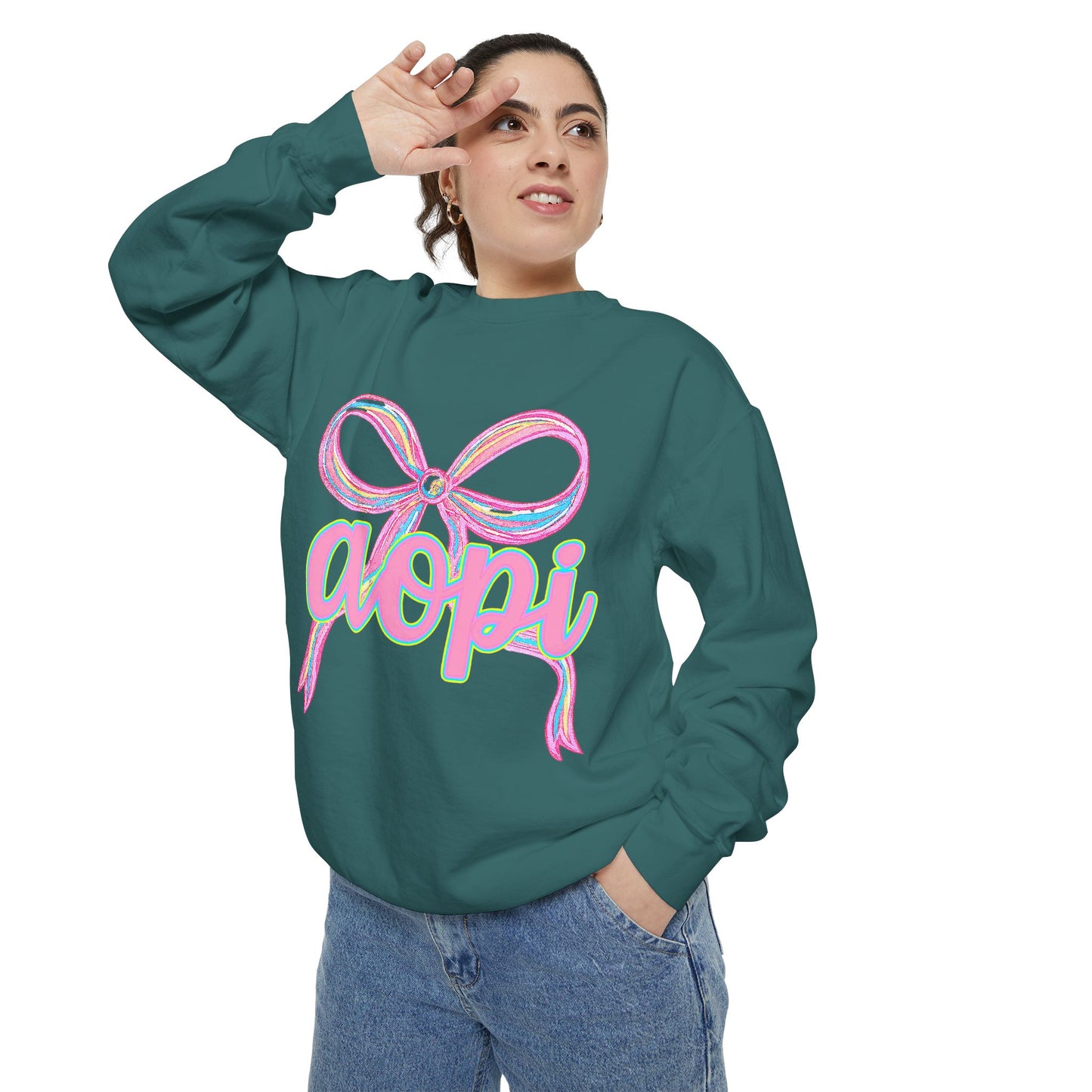 Pastel Bow Sweatshirt with aopi Design, Cozy Unisex Sweatshirt, Gift for Sorority Sisters, Casual Chic Apparel, Best Friend Outfit