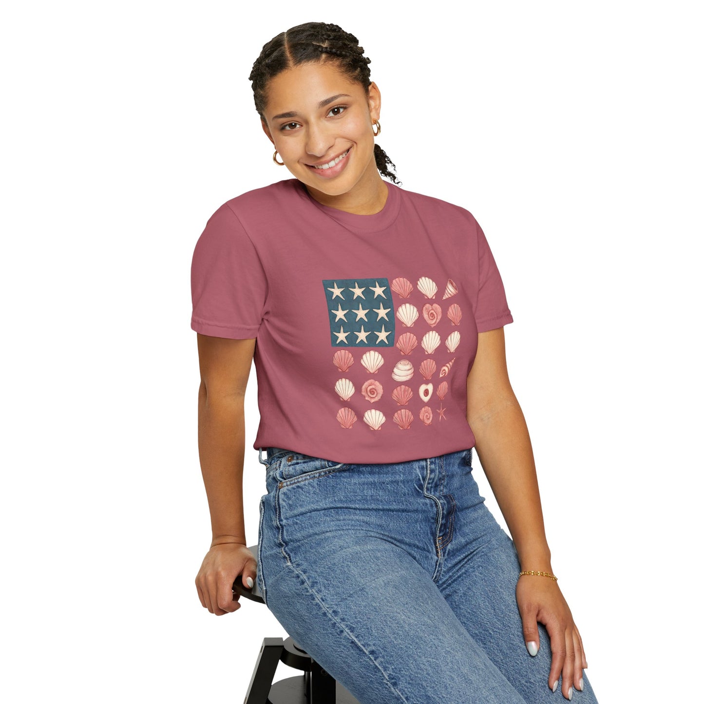 Comfort Colors-Seashell Flag T-Shirt, Unisex, American Flag, Beach Vibes, Nautical Gift, Summer Vibes, July 4th