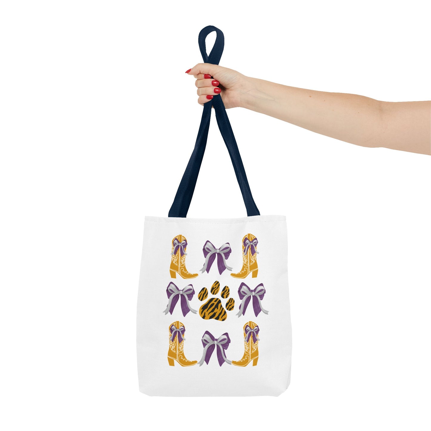 LSu coquette bow Print Tote Bag, Eco-Friendly Fashion Bag, lsu tiger fan, louisiana game day, geaux tigers, college student gift, graduation gift
