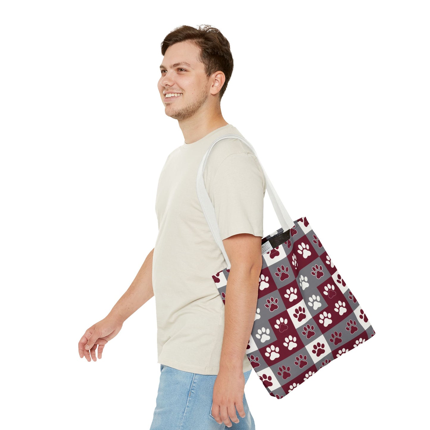 MS Bulldog Tote Bag - AOP, Paw Print Design, Reusable Shopping Bag, Mississippi Bulldog Fan, Animal Lover Accessory