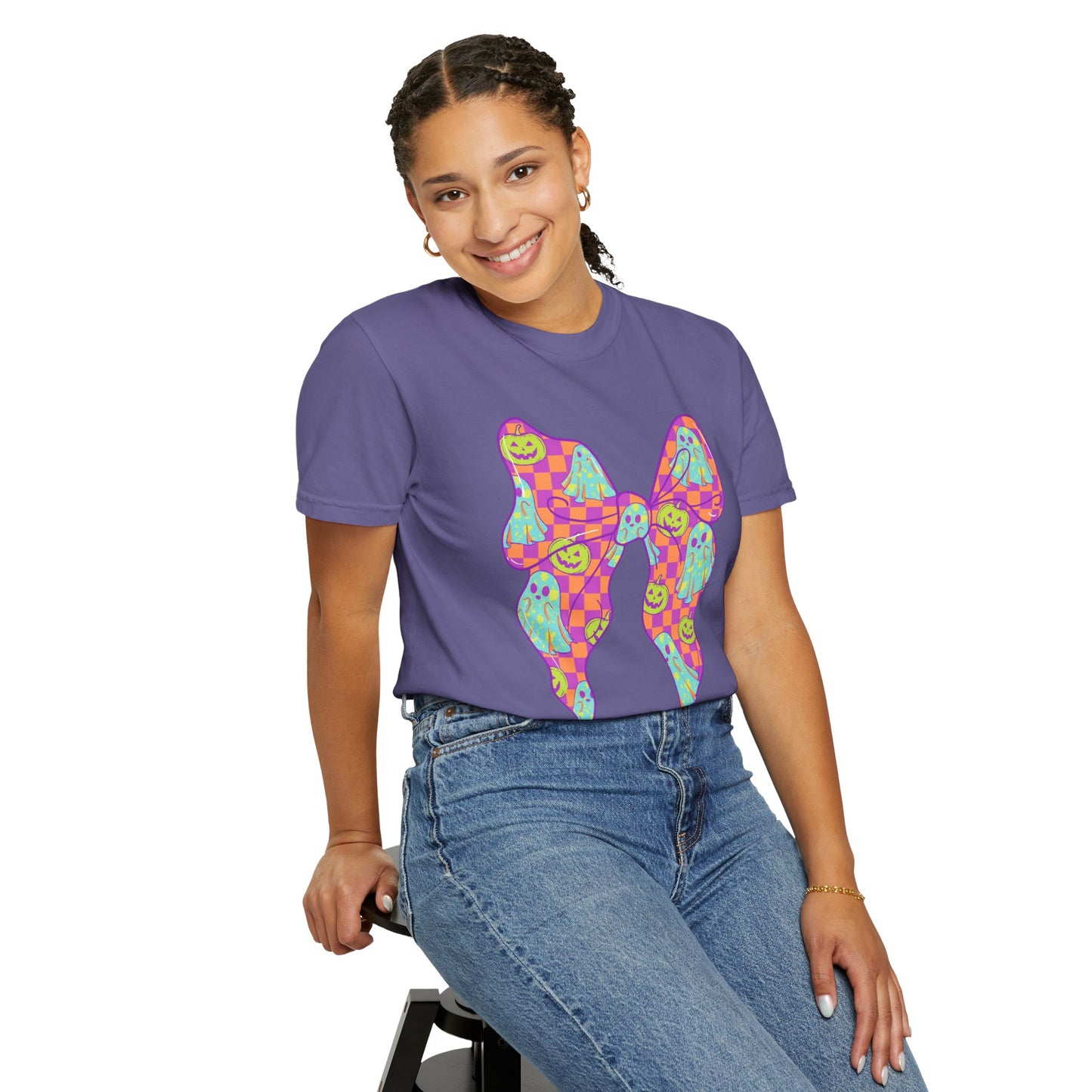 Neon Checkered Ghost Bow T-Shirt - Fun Lovers Halloween Unisex Tee