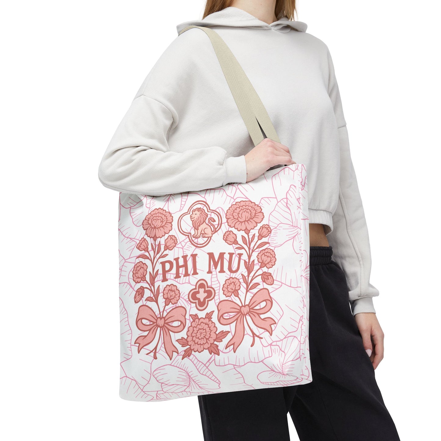Phi Mu Floral Tote Bag, Sorority Bag, Gift for Sorority Sisters, Pink Floral Tote, College Essentials, AOP Design