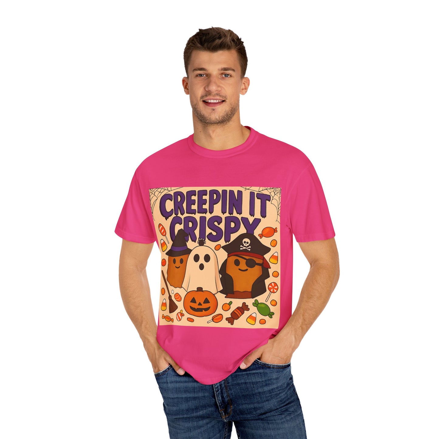 Halloween Themed T-Shirt, Creepin It Crispy T-Shirt, Unisex Shirt for Fall, Cute Halloween Tee, Festive Ghost & Candy Design